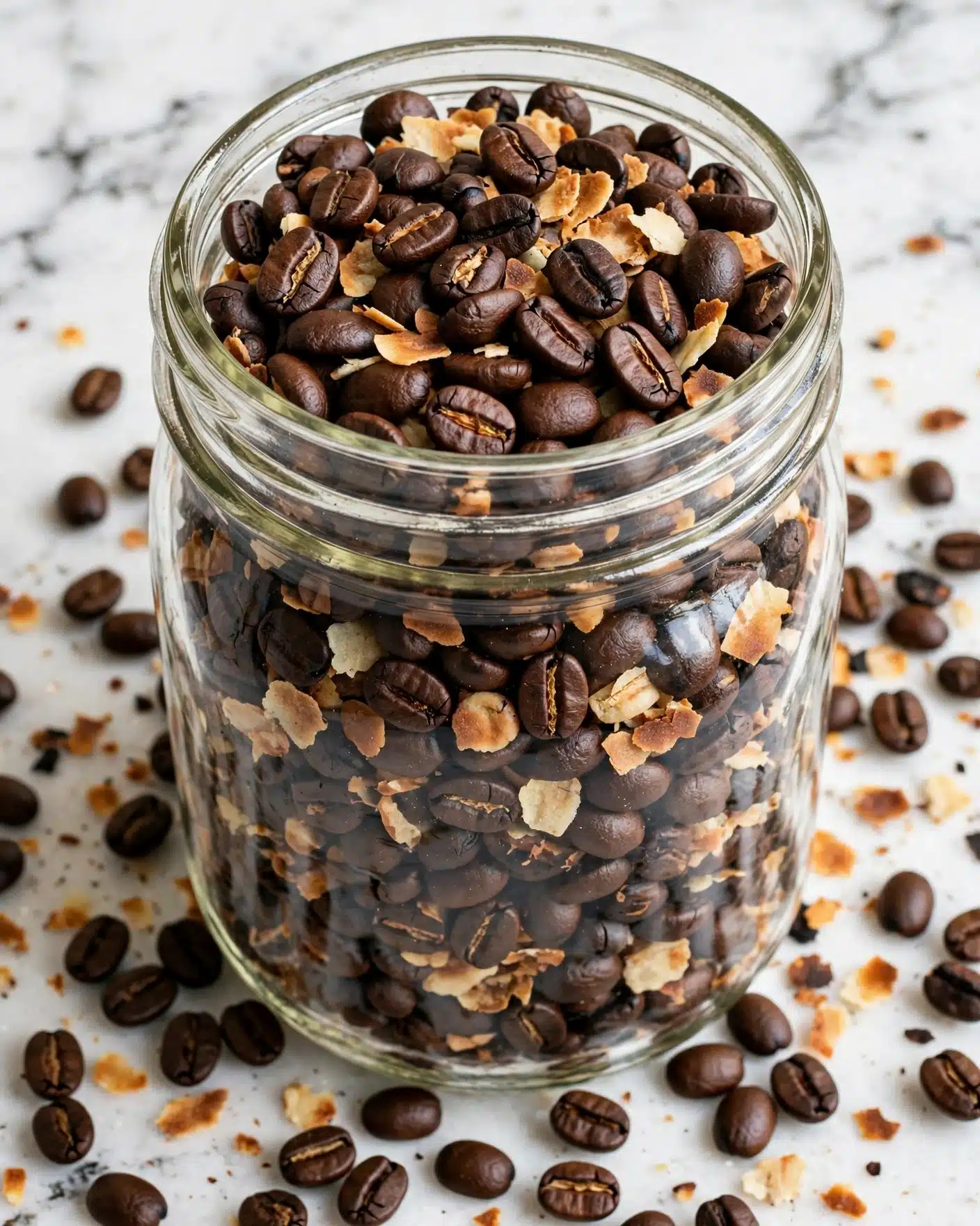 The image shows a close-up of small dark roasted black beans that are slightly shiny and have some golden brown and light beige toasted bits on them. They are piled inside a clear glass jar on a white marbled surface, with more of the roasted beans scattered around outside the jar. The beans have a rough texture with some cracks and uneven surfaces. photo taken with an iphone --ar 4:5 --v 7