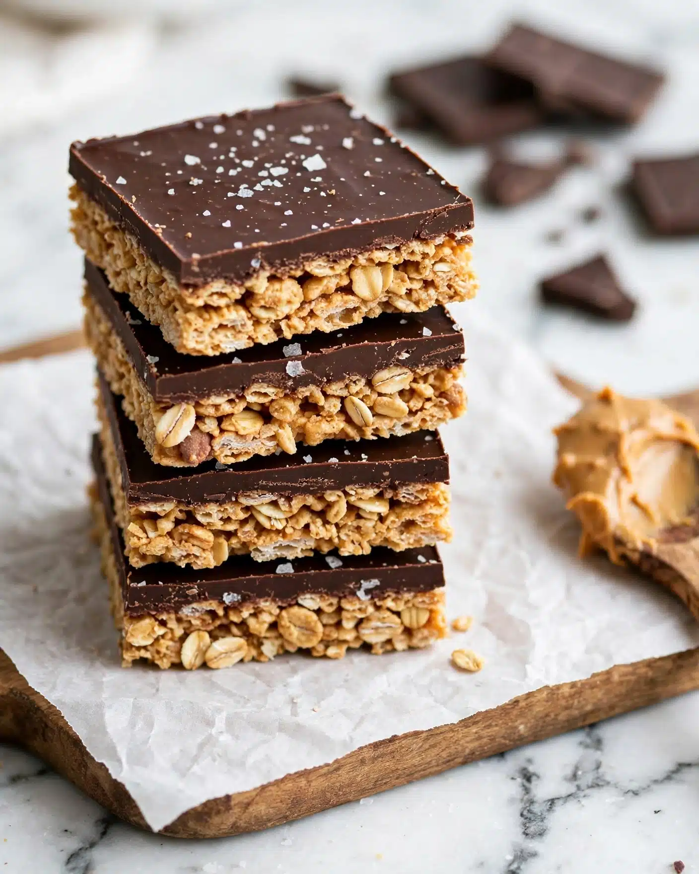 Peanut Butter Oatmeal Bars Recipe 5 A stack of four square cereal bars sits on white parchment paper on a wooden board with a white marbled surface underneath. Each bar has two layers: a thick, golden cereal layer with a rough texture full of oats and crispy bits at the bottom, and a smooth, dark chocolate layer on top sprinkled with coarse sea salt flakes. A wooden spoon with some peanut butter is partially visible on the right, and pieces of dark chocolate can be seen in the background. The lighting is bright and soft, highlighting the textures clearly, photo taken with an iphone --ar 4:5 --v 7