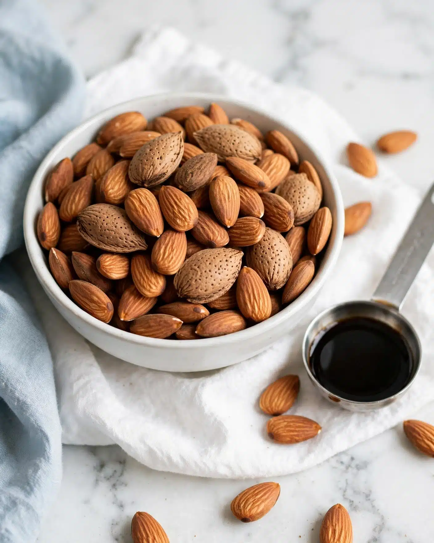 Smoky Maple Spiced Almonds Recipe 4 A white bowl filled with many whole almonds, showing their rough brown skin and natural shapes. The bowl is placed on a white cloth that has soft folds, all set on a white marbled surface. Next to the bowl is a metal measuring spoon filled with dark liquid, and a few loose almonds scattered around it. A light blue cloth is partially visible to the left side, adding a soft touch to the scene. Photo taken with an iphone --ar 4:5 --v 7