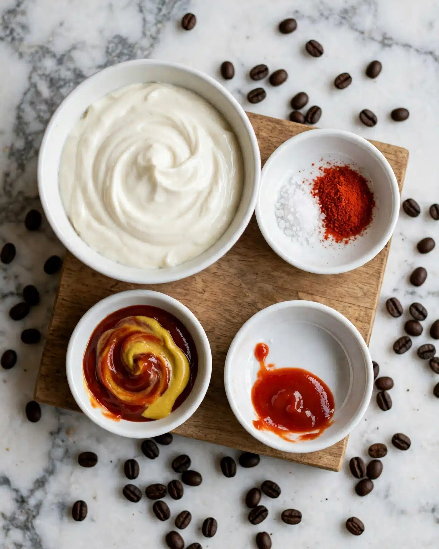 Creamy Vegan Fry Sauce Recipe 4 The image shows four small bowls arranged on a wooden block surface. The largest bowl is white and filled with thick, white creamy sauce with soft swirls on top. Below it to the right, there is a white bowl with a small amount of bright red sauce. To the left of the red sauce bowl, a white bowl holds a mix of dark red ketchup and yellow mustard. Above these two, a white bowl contains small piles of white salt and bright red chili powder. The whole setup sits on a white marbled surface. Photo taken with an iphone --ar 4:5 --v 7