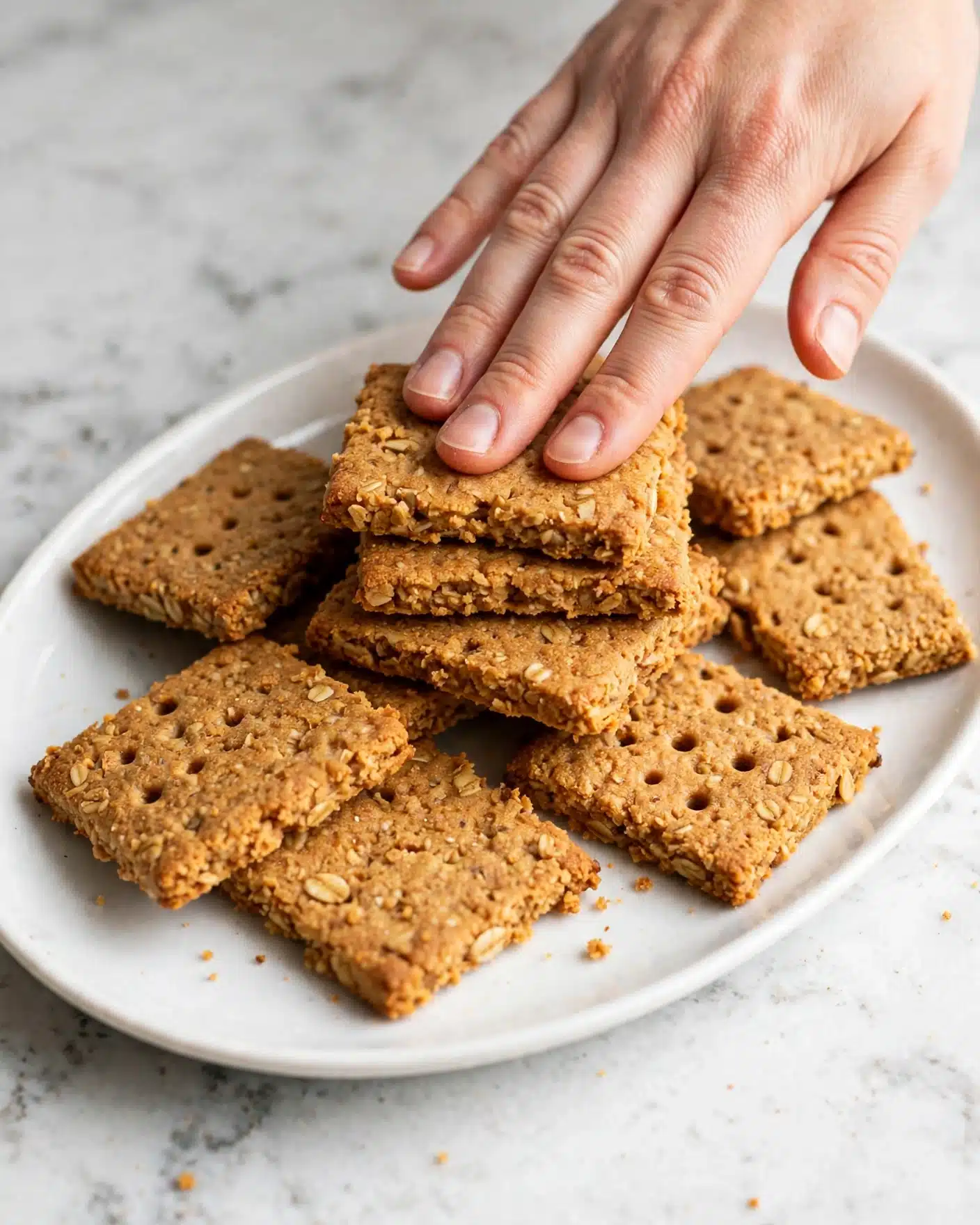 A white oval plate on a white marbled surface holds eight golden-brown, rectangular oat bars with rough textures and small holes on top. The bars are arranged loosely, overlapping each other at the center and scattered toward the plate's edges. A woman's hand with pale skin and short nails is gently pressing down on the top three bars, allowing the viewer to glimpse the size of the bars in comparison to the hand. There are a few small crumbs around the bars on the plate. photo taken with an iphone --ar 4:5 --v 7