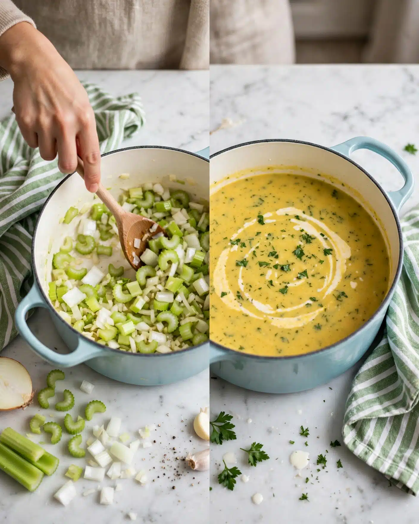 The image shows two stages of cooking in a white round pot with light blue handles placed on a white marbled surface with a green and white striped cloth nearby. In the left part, inside the pot, there is a mixture of chopped light green celery and white onion pieces being stirred with a wooden spoon held by a woman's hand. In the right part, the same pot contains a thick yellow soup with green herb specks and white cream swirled on top. Photo taken with an iphone --ar 4:5 --v 7