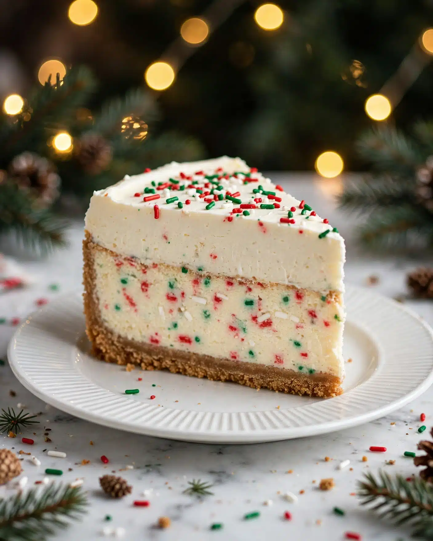 Sugar Cookie Cheesecake Recipe 5 A close-up image of a single slice of cake on a white plate with a ridged pattern. The cake has three visible layers: a light brown crust at the bottom, a thick middle layer of pale cream cheesecake mixed with red, green, and white sprinkles, and a top layer of smooth white frosting also decorated with red, green, and white sprinkles. The background has glowing yellow bokeh lights and a blurred dark green area, all set on a white marbled surface with scattered sprinkles and Christmas decorations nearby. Photo taken with an iphone --ar 4:5 --v 7