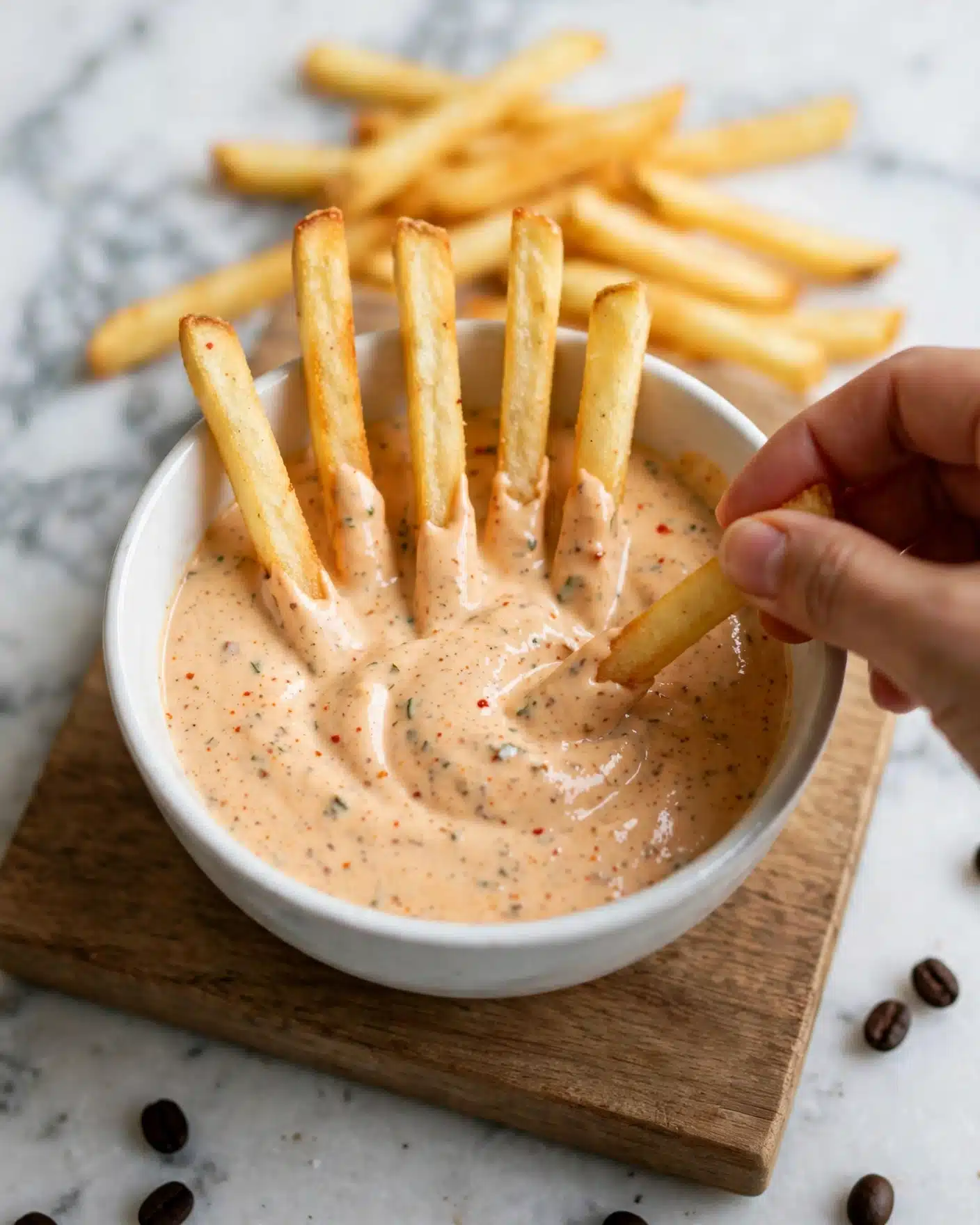 Creamy Vegan Fry Sauce Recipe 5 A white bowl filled with pale orange creamy sauce that has a smooth texture and small specks of seasoning throughout, several golden French fries partially dipped and standing upright in the sauce, a woman's hand holding one French fry dipping into the sauce near the center, more golden French fries blurred in the background, all placed on a white marbled surface photo taken with an iphone --ar 4:5 --v 7