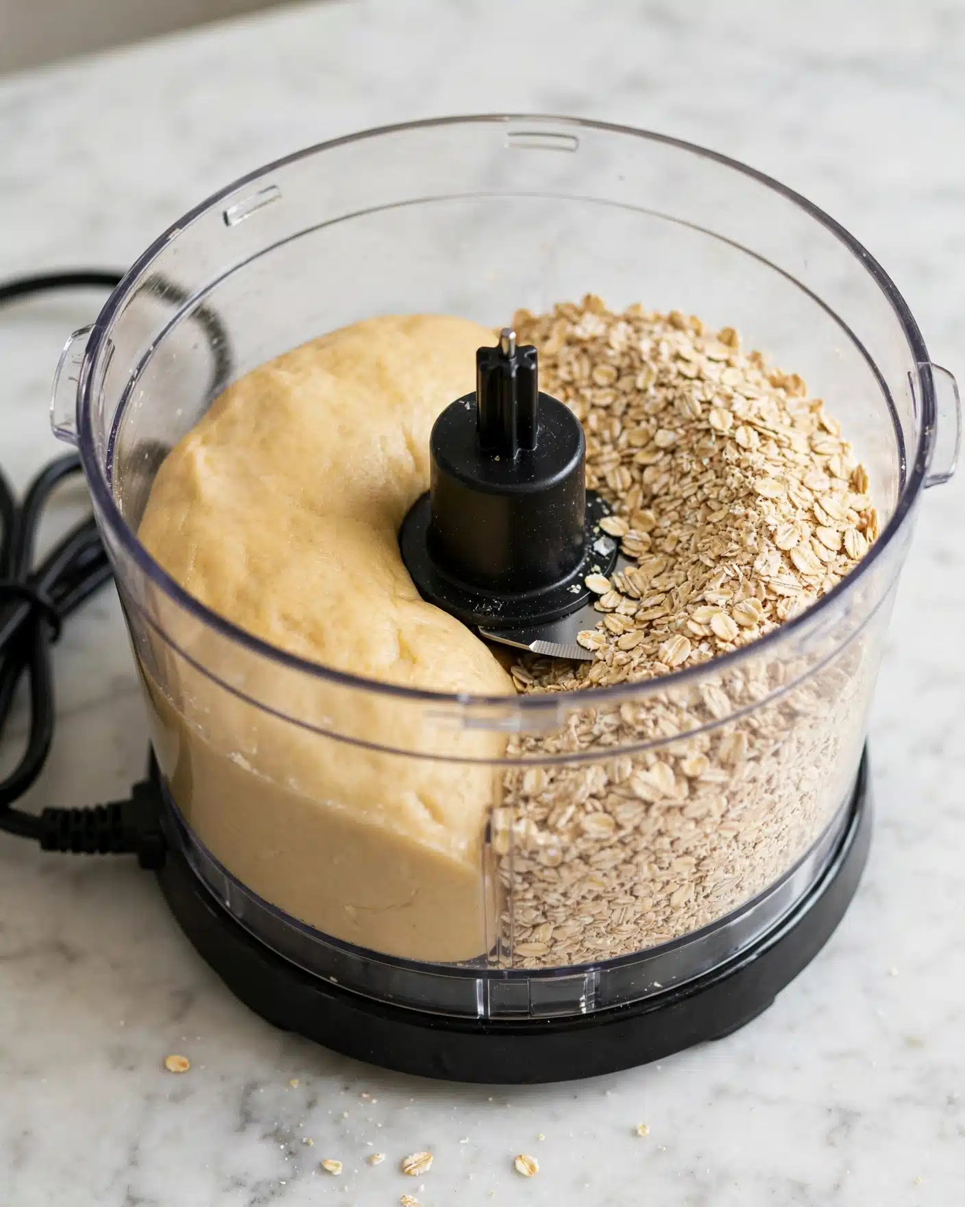 The image shows a clear food processor bowl on a white base filled halfway with two main layers: on the right side, there is a layer of pale tan rolled oats with a rough texture, and on the left side, a smooth, thick light golden dough. The black central blade piece is visible in the middle, and the whole setup is placed on a white marbled surface. The food processor’s black power cord extends out to the left side. photo taken with an iphone --ar 4:5 --v 7
