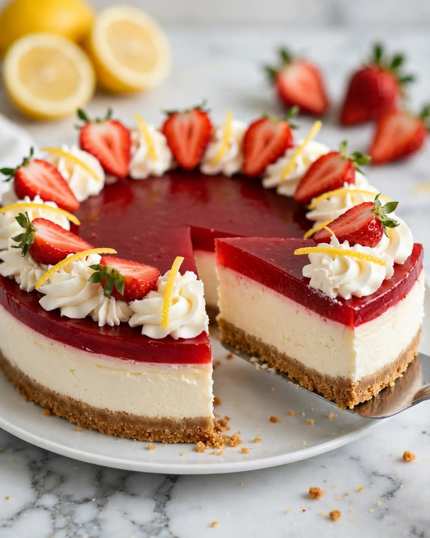 No Bake Strawberry Lemonade Cheesecake Recipe 5 A cheesecake with three visible layers is shown. The bottom layer is a light brown crumbly crust. The middle layer is thick, creamy, and white. The top layer is a smooth, shiny red jelly-like layer. Around the edges on top, there are white whipped cream swirls decorated with half slices of red strawberries and thin yellow lemon strips. One slice is lifted on a spatula, showing the layers clearly, and is garnished with whipped cream, a strawberry half, and a lemon strip. The cheesecake is placed on a white plate on a white marbled surface. In the background, there are blurred lemon halves and strawberries. photo taken with an iphone --ar 4:5 --v 7