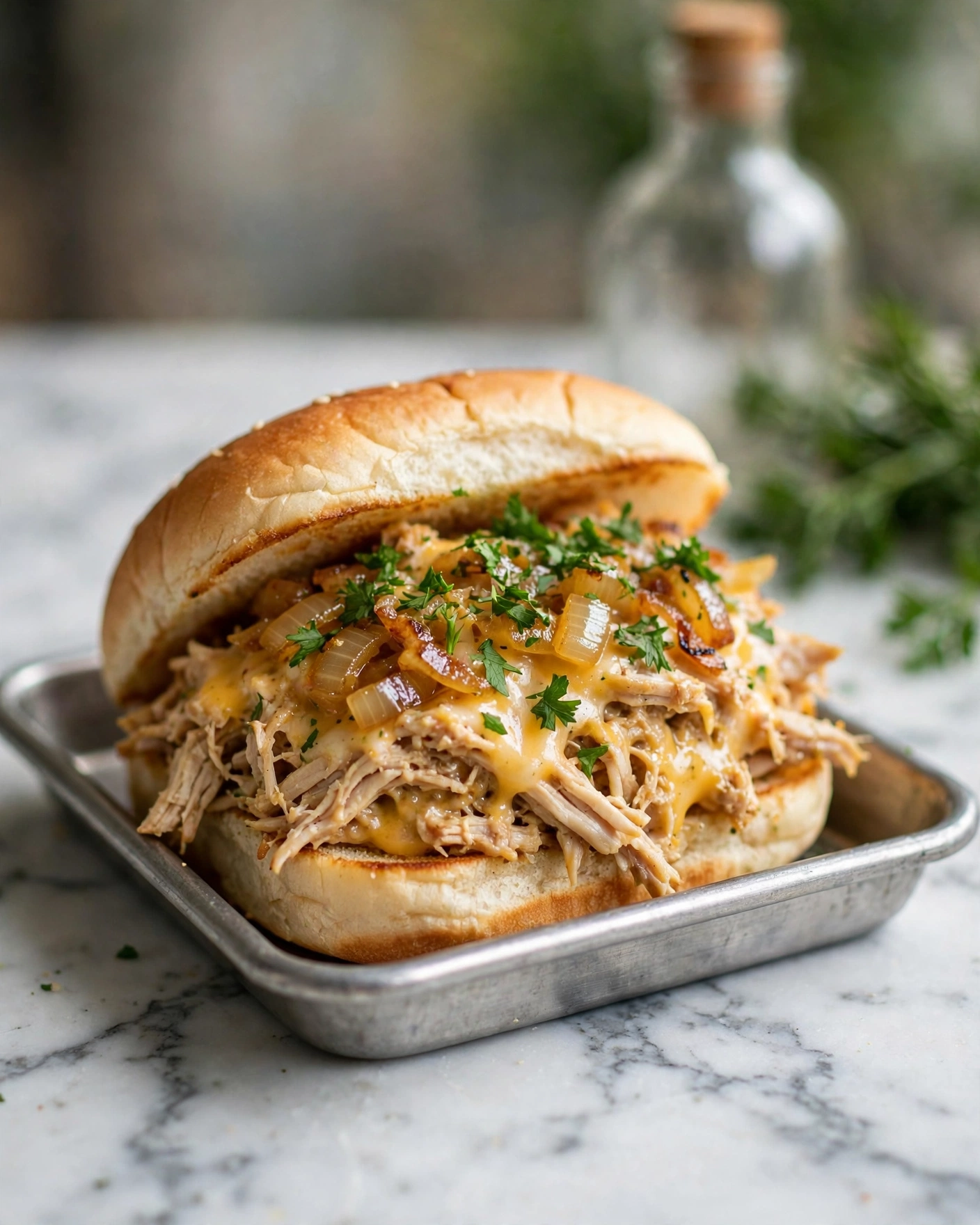 The image shows a sandwich with two layers of soft, slightly toasted white bun holding a generous filling of shredded cooked chicken mixed with melted yellow cheese. The chicken has a light brown, shredded texture with bits of caramelized onion layered on top. Fresh green parsley pieces are sprinkled evenly over the filling, adding color contrast. The sandwich sits in a small metal tray on a white marbled surface, and the background has a blurred glass bottle and a green herb for decoration. photo taken with an iphone --ar 4:5 --v 7