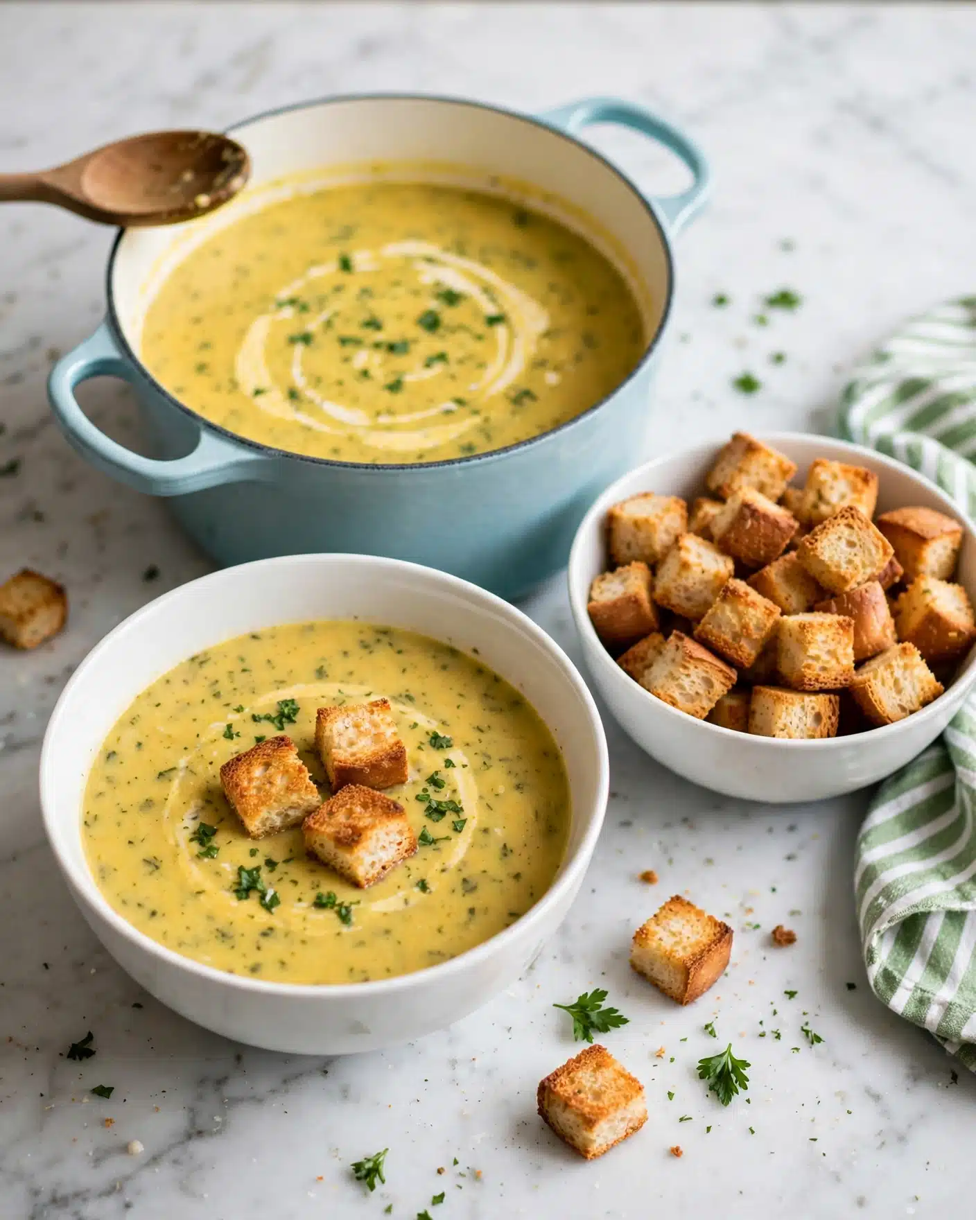 A white bowl filled with creamy yellow soup that has small green herb flakes mixed in. On top of the soup, there are three golden brown croutons, slightly crispy and textured. Behind the bowl, there is a blue pot with more soup inside, and a spoon resting on the edge. To the right of the bowl with soup, there is another white bowl filled with more golden brown croutons. The scene is set on a white marbled counter surface. photo taken with an iphone --ar 4:5 --v 7