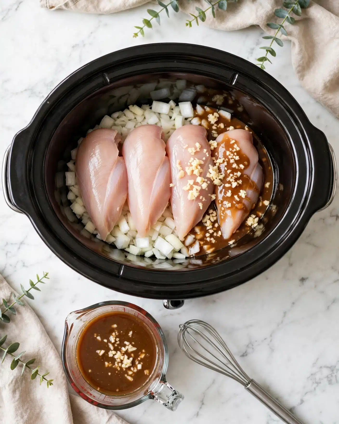 The image shows two views of a black slow cooker on a white marbled surface. Inside the cooker, there is a base layer of chopped white onions, topped with four raw, pale pink chicken pieces arranged side by side. On the right side, the chicken is covered with small pieces of minced garlic and a brown sauce with a slightly shiny texture pooling at the bottom. Below the cooker on the surface is a clear glass measuring cup filled with the same brown sauce and some minced garlic, with a silver whisk next to it. Photo taken with an iphone --ar 4:5 --v 7
