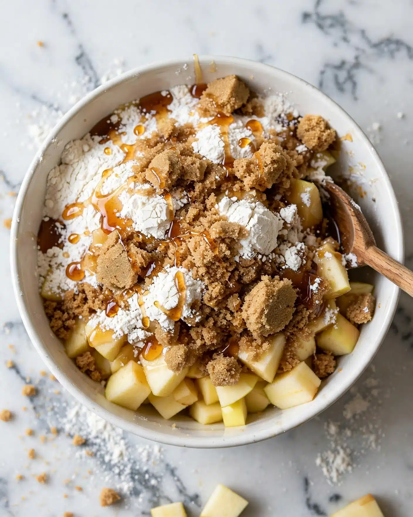 Healthy Apple Crumble Recipe 4 The image shows a white bowl filled with several layers of ingredients. The bottom layer is made up of chopped pale yellow apples. On top of these apples, there are scattered piles of light brown sugar, white flour, and a few small splashes of amber-colored liquid, likely syrup. A wooden spoon rests on the right side of the bowl, slightly inside the mixture. The bowl is placed on a white marbled surface. photo taken with an iphone --ar 4:5 --v 7