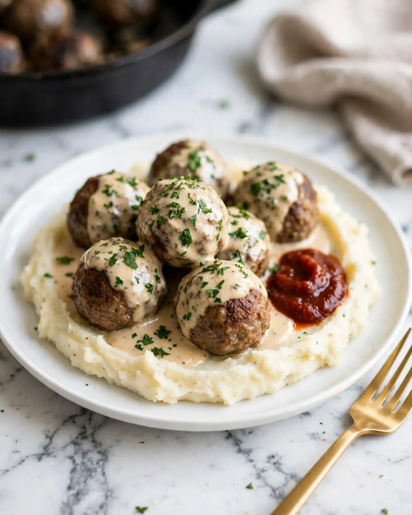 Whole30 Swedish Meatballs with Gravy (Paleo, Gluten Free) Recipe 5 The image shows a white plate with a layer of creamy mashed potatoes forming the base, topped with several browned meatballs covered in a light beige creamy sauce sprinkled with chopped green herbs. To the side of the meatballs, there is a small dollop of dark red sauce. The plate sits on a white marbled surface, with a blurred dark skillet and beige cloth napkin in the background on the same surface. A gold fork is placed near the plate. Photo taken with an iphone --ar 4:5 --v 7