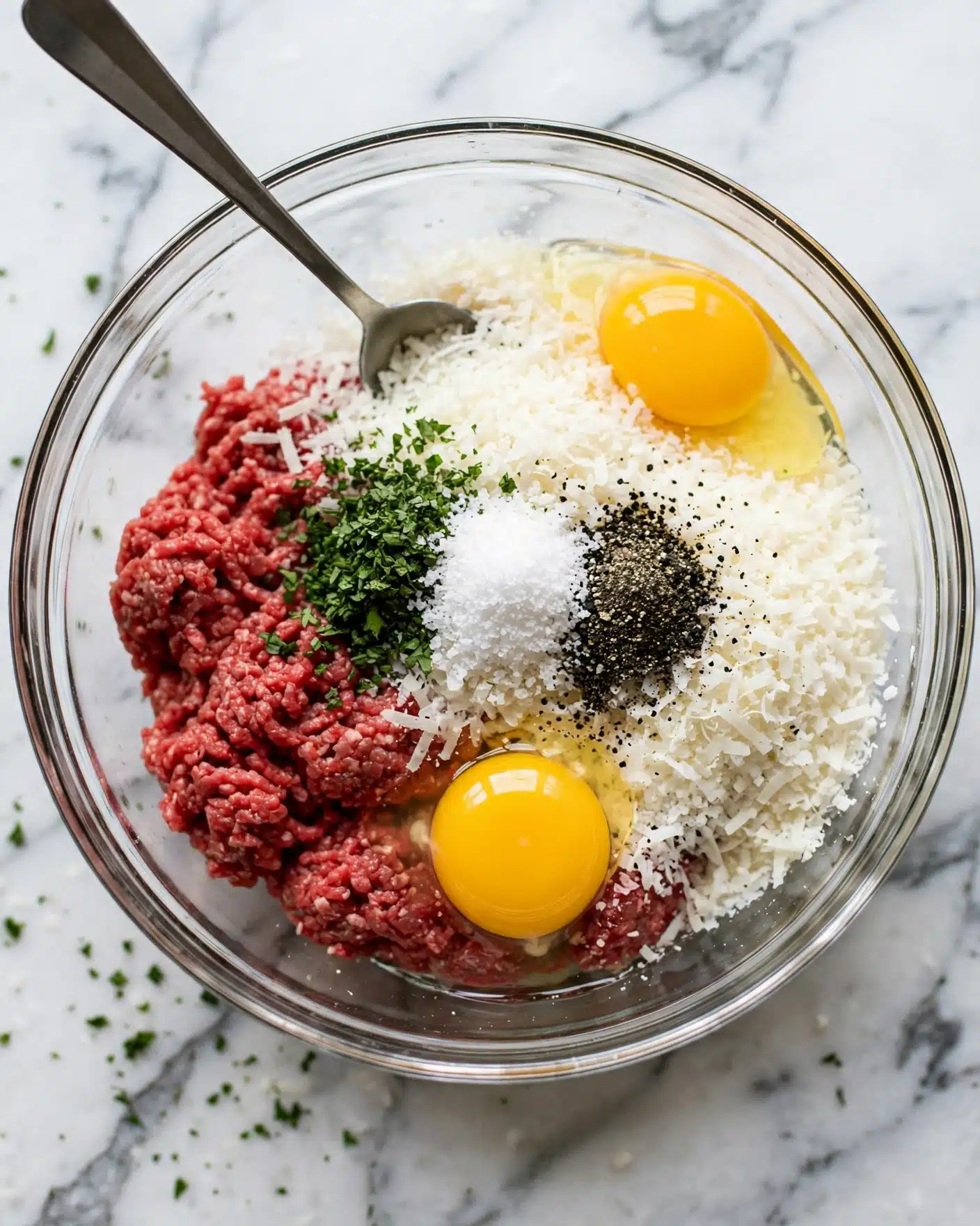 Whole30 Swedish Meatballs with Gravy (Paleo, Gluten Free) Recipe 4 A clear glass bowl sits on a white marbled surface, filled with layers of ingredients for a mixture. At the base, there is a large portion of red ground meat on the left side. On top and right of the meat, there is a thick layer of white shaved or grated substance. Two bright yellow egg yolks rest near the edges, one at the top right and the other near the bottom center. In the middle, three piles of powders are arranged: a green herb mix on the left, a white granular pile in the center, and a black ground spice on the right. A metal spoon rests inside the bowl, leaning from the top left edge into the mixture. photo taken with an iphone --ar 4:5 --v 7