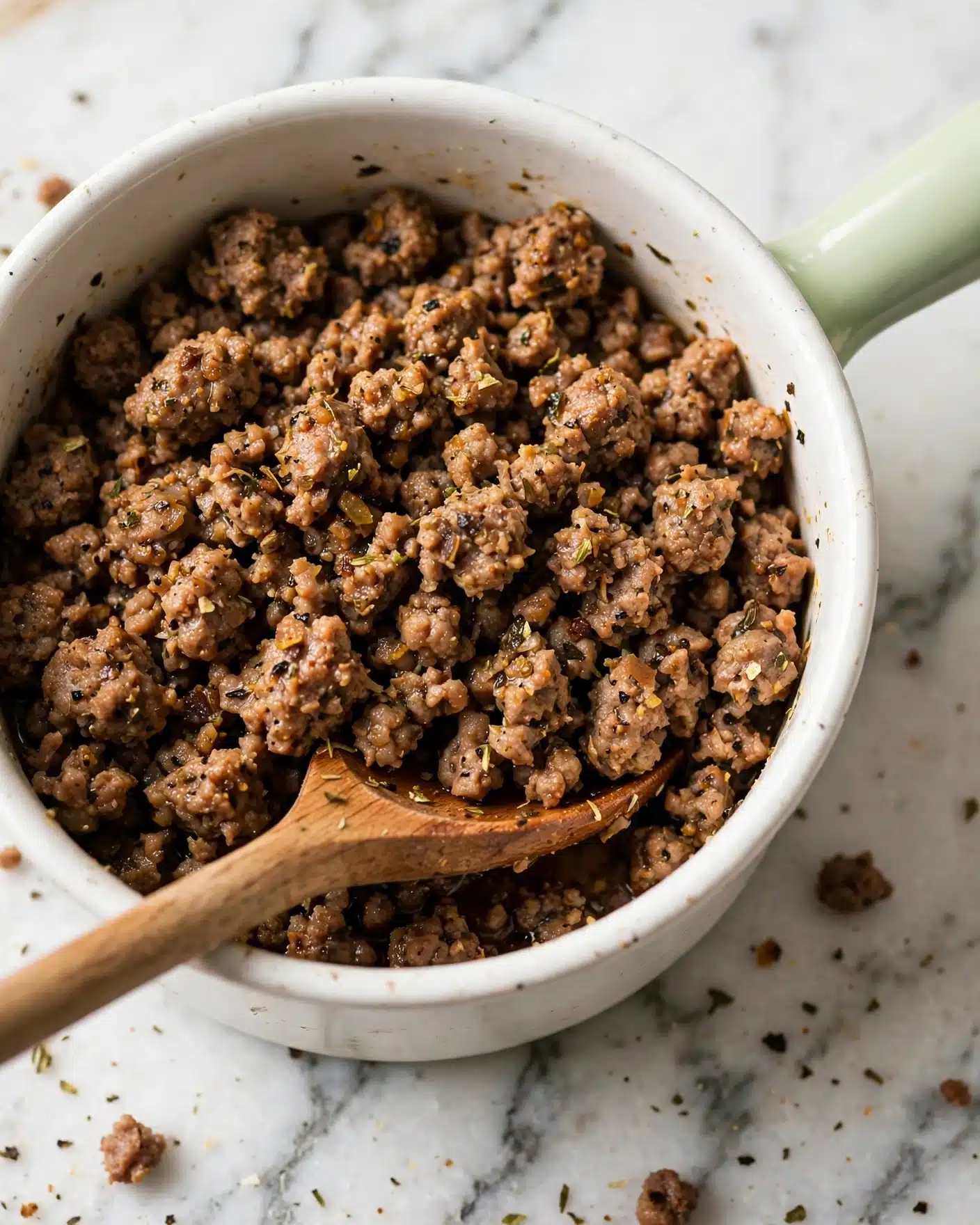 The image shows cooked ground meat inside a white pot with a light green handle on the right side. The meat is broken into small crumbly pieces with a browned color and slightly oily texture. There are small seasoning bits mixed in, giving a speckled look of darker and lighter brown throughout. A wooden spoon with a smooth surface is resting inside the pot, partially covered by the meat. The pot sits on a white marbled surface. photo taken with an iphone --ar 4:5 --v 7