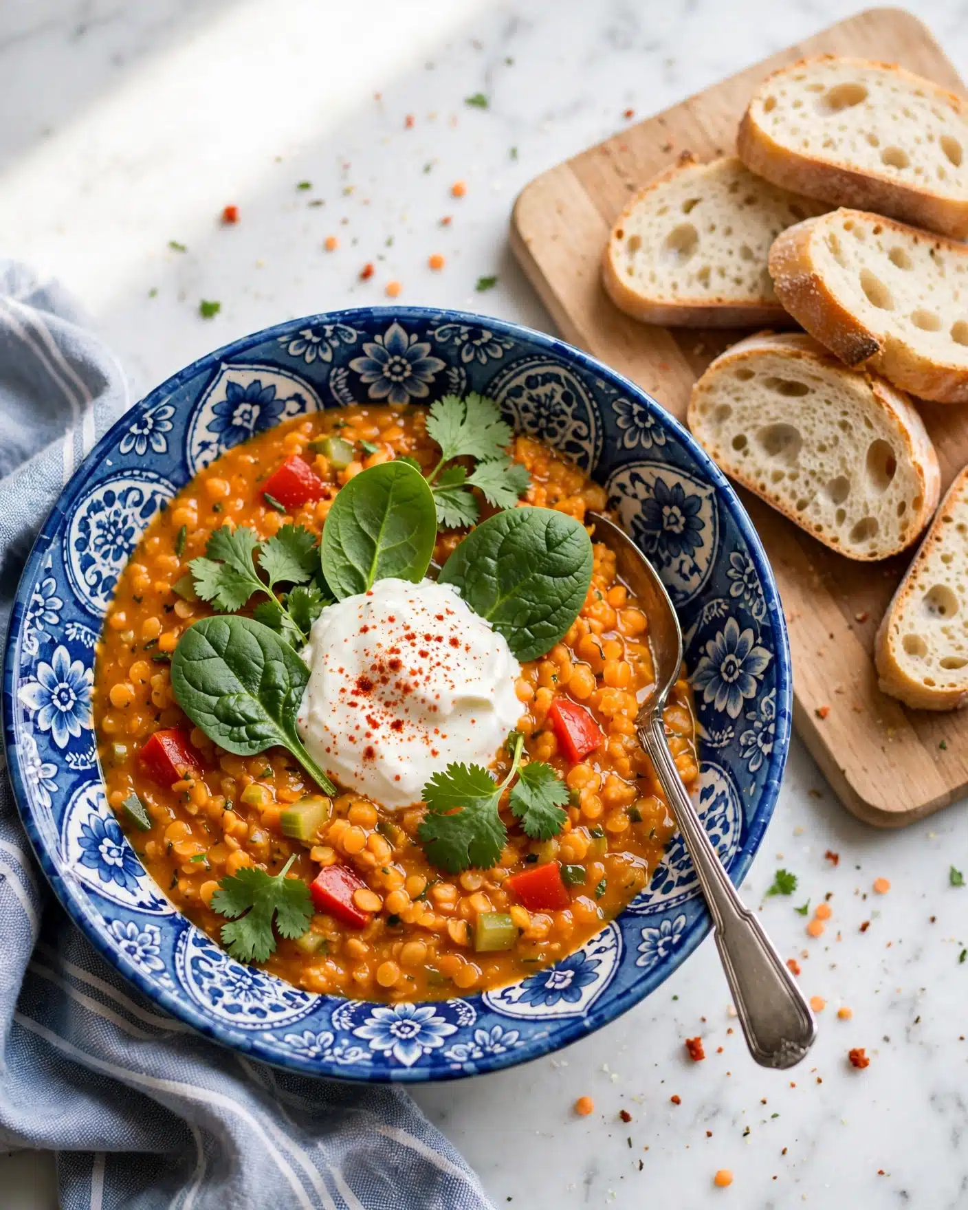 A blue patterned bowl filled with an orange lentil stew mixed with red pieces and small bits of vegetables. On top, there is a dollop of white yogurt or cream sprinkled with red powder, surrounded by bright green fresh spinach leaves and cilantro. A silver spoon is resting inside the bowl. Next to the bowl, slices of bread sit on a light wooden board on a white marbled surface. The scene captures a cozy and fresh meal photo taken with an iphone --ar 4:5 --v 7