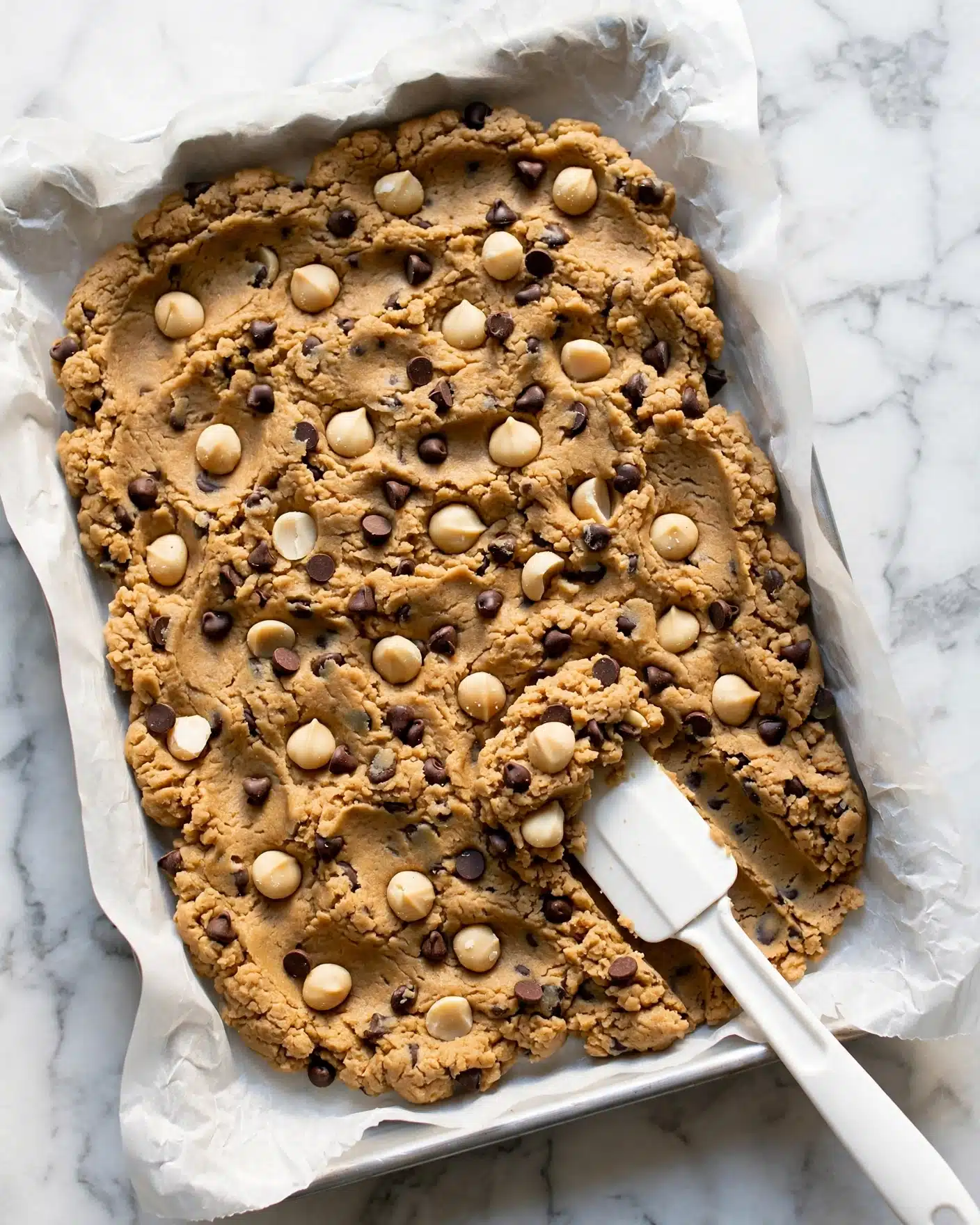 S’mores Bars Recipe 4 A baking tray lined with white parchment paper filled with a thick layer of light brown cookie dough mixed with dark brown chocolate chips and light beige macadamia nuts evenly spread out across the surface. A white-handled spatula rests on the dough near the bottom right corner, slightly sinking into the soft, textured dough. The tray is placed on a white marbled surface. photo taken with an iphone --ar 4:5 --v 7