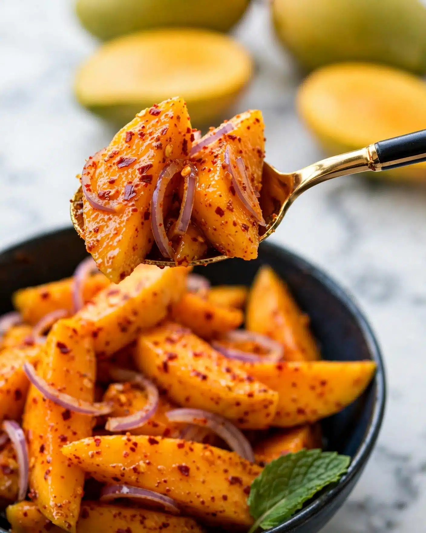 A close-up of ripe mango wedges with a bright orange color, coated in red chili flakes and spices, mixed with thin, translucent slices of purple shallots, all held on a shiny gold and black spoon above a dark bowl filled with more spiced mango pieces, with a fresh green mint leaf visible near the bowl, set against a white marbled background with blurred yellow mango fruits in the distance, photo taken with an iphone --ar 4:5 --v 7