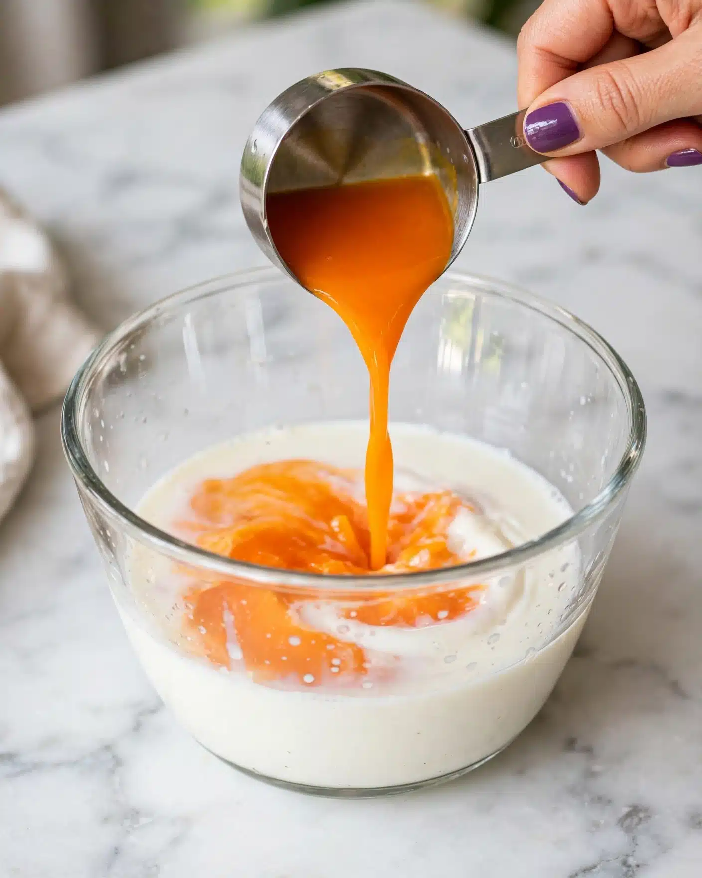 A clear glass bowl filled with white liquid is placed on a white marbled surface. A woman's hand with purple nail polish is pouring bright orange liquid from a silver measuring cup into the bowl. The contrast between the orange liquid and the white liquid is clear, and the glass bowl shows reflections of the surroundings. photo taken with an iphone --ar 4:5 --v 7