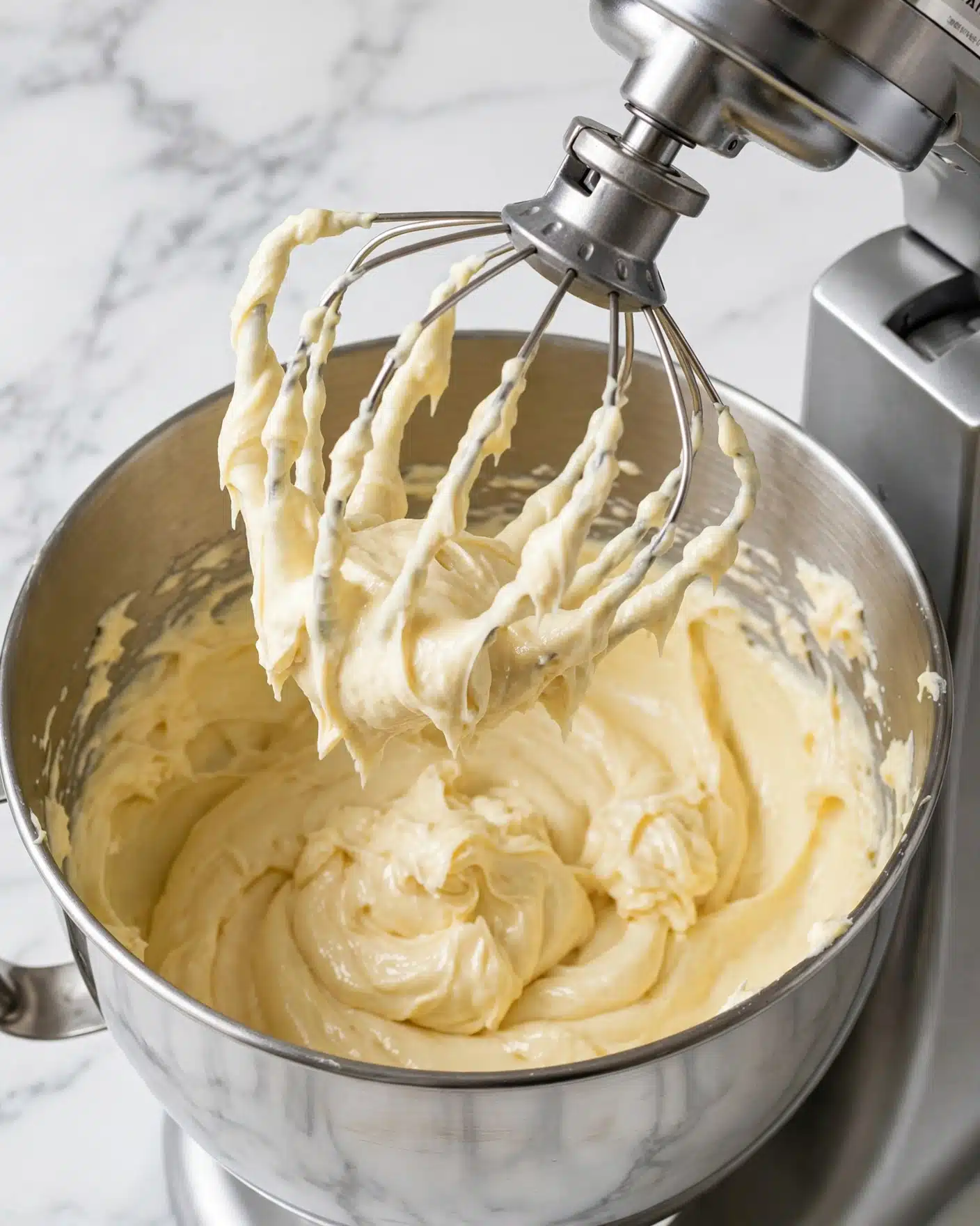 Decadent Cinnamon Swirl Bread Recipe 4 The image shows a close-up of a silver metal mixer bowl attached to a stand mixer with thick, creamy light-yellow batter inside. A matching silver metal beater is lifted above the bowl, covered in thick batter with a smooth texture, showing some folds and clumps. The bowl and beater reflect soft light, and the background is a white marbled texture, creating a clean and simple look. The scene highlights the creamy batter's texture and the shiny metal mixer parts. photo taken with an iphone --ar 4:5 --v 7
