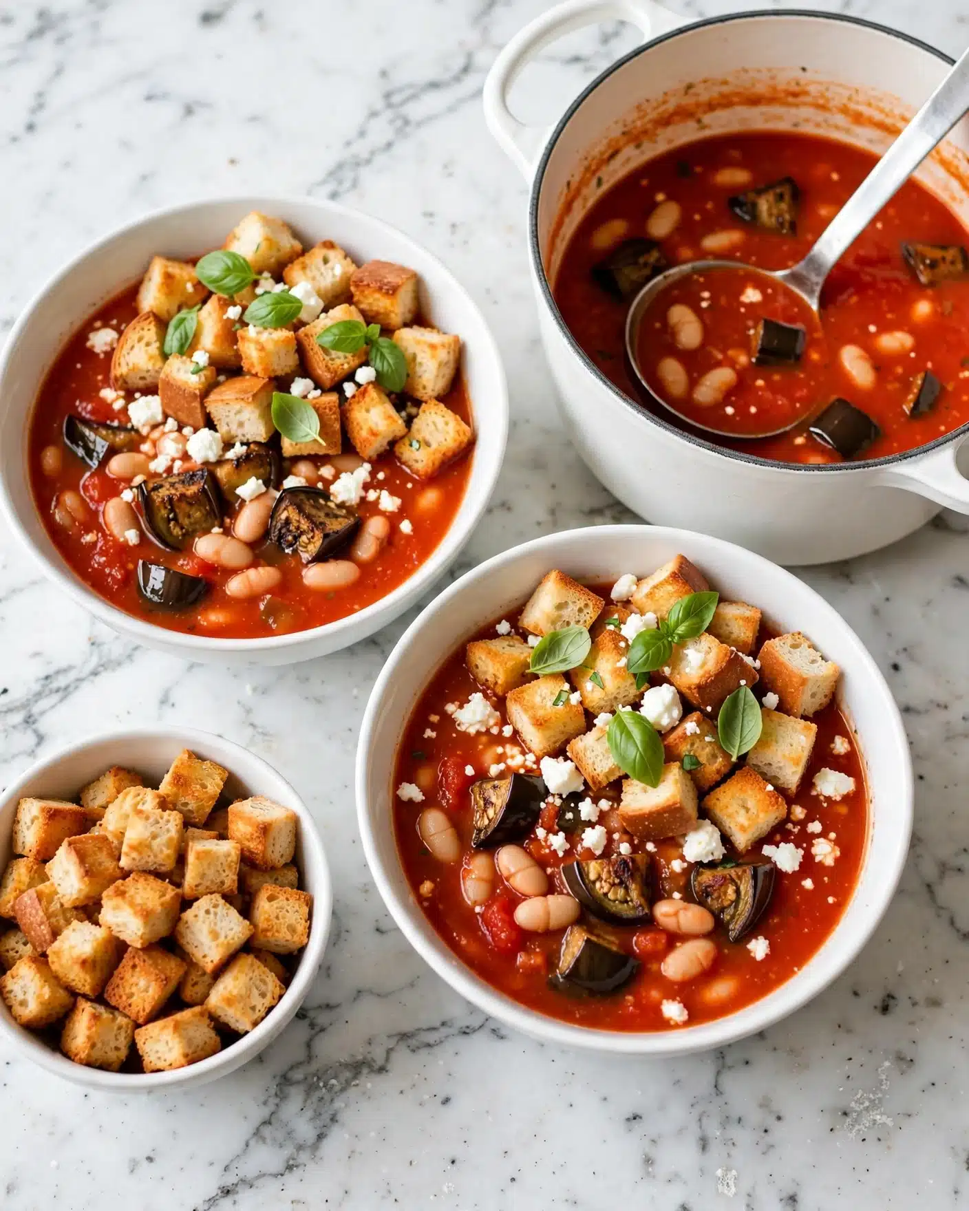 Roasted Eggplant and Tomato Soup Recipe 5 Two white bowls filled with bright red tomato soup with visible chunks of white beans and dark brown eggplant pieces. Each bowl has a layer of golden-brown toasted bread cubes on top with small green basil leaves scattered over the bread. There is also a sprinkling of white crumbled cheese on the soup. Next to the bowls is a small white bowl with extra toasted bread cubes, and a white pot filled with the same tomato soup with a silver ladle inside. All items are placed on a white marbled surface. Photo taken with an iphone --ar 4:5 --v 7