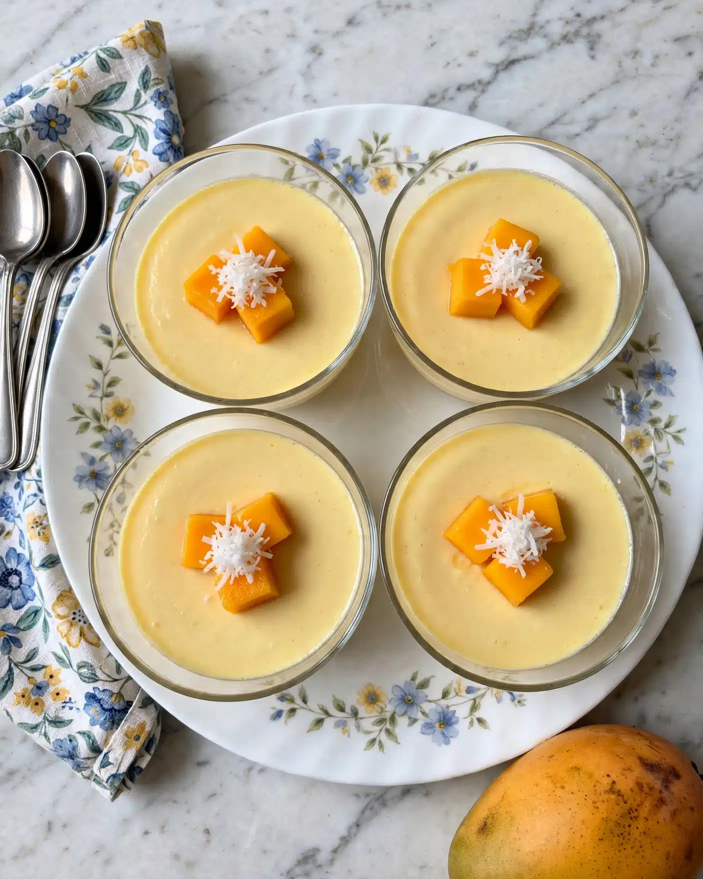 The image shows four glass bowls filled with smooth yellow mango pudding, each topped with small chunks of bright orange mango and a small pile of white shredded coconut in the center. The bowls are placed on a large white plate with a flower design, sitting on a white marbled surface. Next to the plate, there is a ripe yellow mango and a set of four silver spoons resting on a white cloth with a blue and yellow floral pattern. The light is soft and natural, highlighting the creamy texture of the pudding. photo taken with an iphone --ar 4:5 --v 7