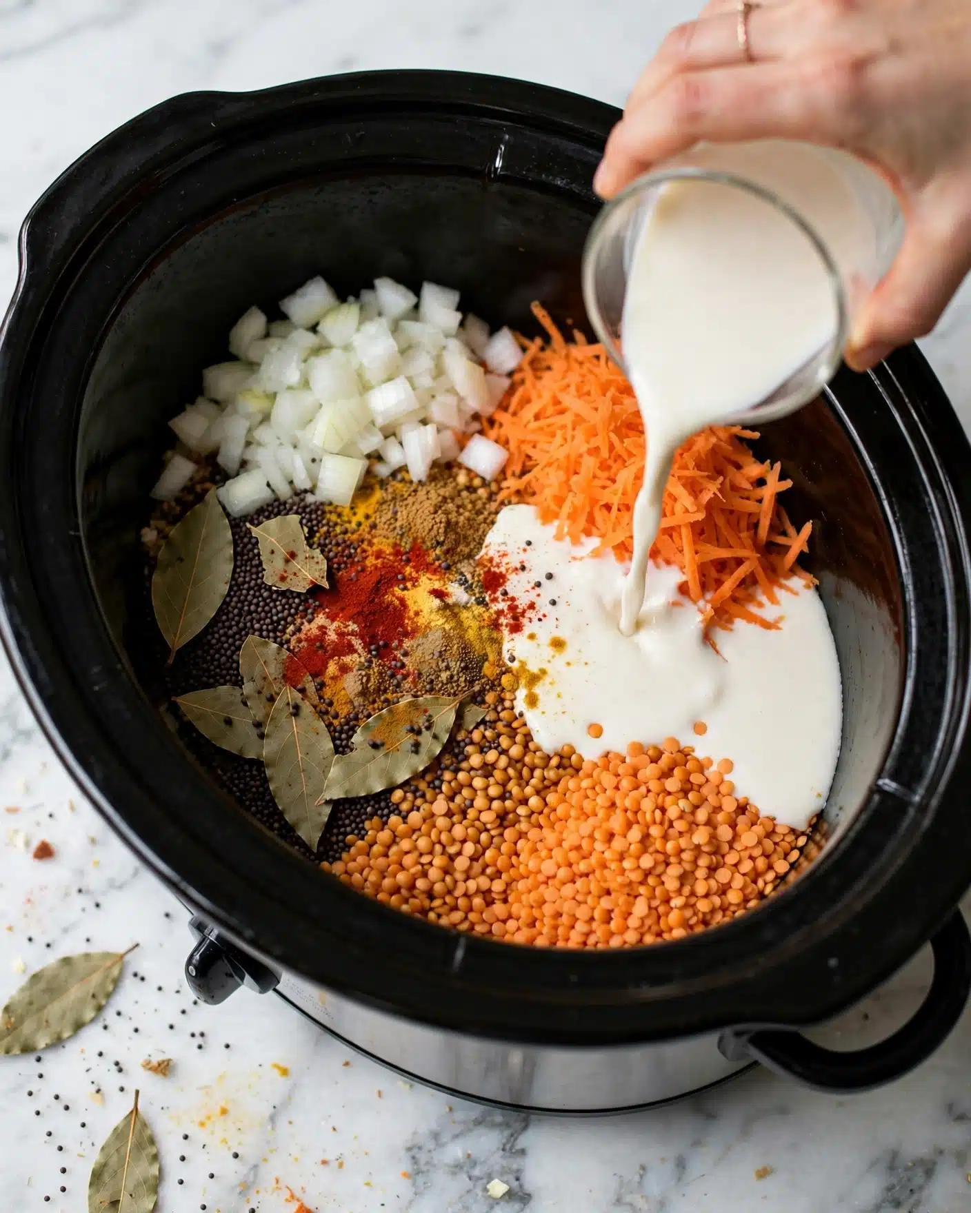 Inside a black slow cooker on a white marbled surface, there are several layers of ingredients: bright orange lentils at the bottom right, finely grated orange carrots next to them on the upper right, a cluster of white chopped onions near the carrots at the top left, and a mix of dark mustard seeds and dried bay leaves along with various powders in red, brown, and yellow shades scattered in the middle. A woman's hand is pouring a creamy white liquid over the right side, creating a smooth layer spreading over the ingredients. The scene has soft, natural lighting. Photo taken with an iphone --ar 4:5 --v 7