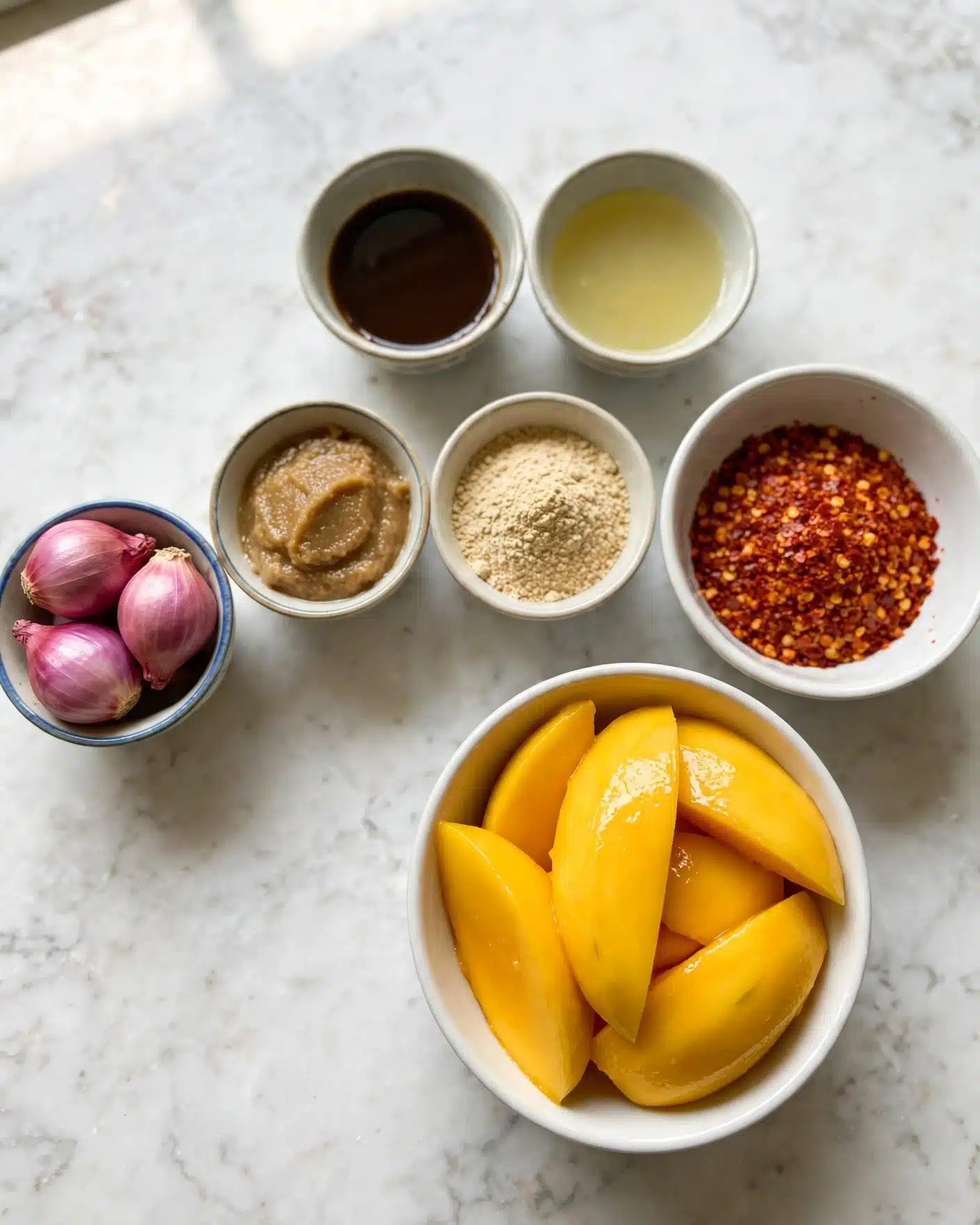 The image shows ingredients in small white bowls on a white marbled surface. There is one bowl filled with shiny, golden yellow mangoes at the bottom right. Above it, a white bowl holds coarse red chili flakes. To the left, three small bowls hold different items: three pink shallots with purple-red skin in a bowl with a blue rim, light brown garlic paste, and light beige powdered spice. At the top center, two small bowls contain liquids – one dark brown and one light yellow. The bowls are arranged loosely but neatly across the surface. photo taken with an iphone --ar 4:5 --v 7