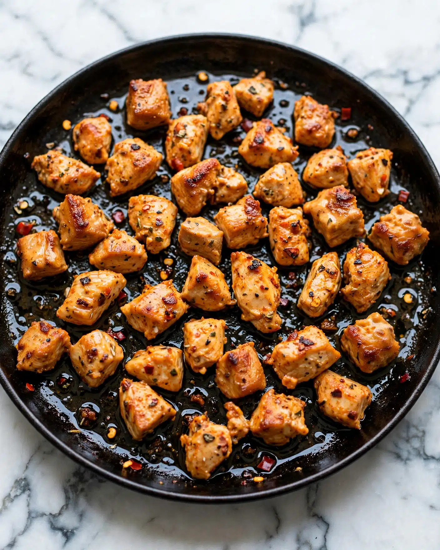 Small golden-brown pieces of seasoned cooked chicken spread evenly over a pan with small bits of spices and oil around. The chicken pieces have a slightly crispy outside with a warm orange color from the spices. The pan shows some shiny spots from the oil and the edges of the chicken have darker crispier areas. The background is a white marbled texture. Photo taken with an iphone --ar 4:5 --v 7