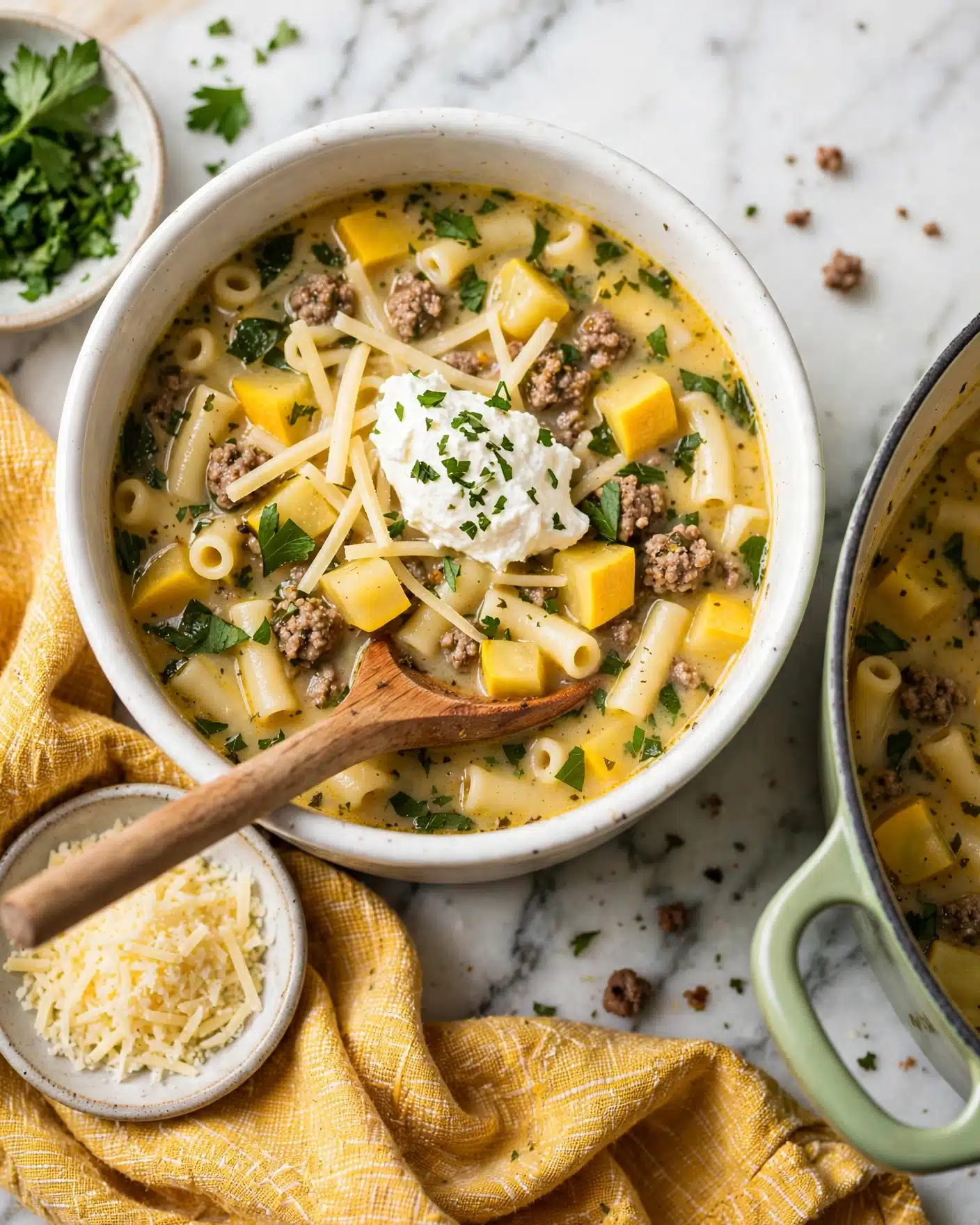 A shallow white bowl holds a layered pasta soup with a creamy yellowish broth base, filled with soft pasta pieces, bright yellow squash cubes, and bits of cooked meat. Green leafy herbs are mixed throughout, adding spots of color. On top, there are thin pale strips of cheese and a dollop of white creamy cheese with green herbs sprinkled over it. A spoon with a wooden handle rests inside the bowl. Around the bowl, a yellow textured cloth and two small ceramic dishes, one containing a light yellow grated cheese and the other fresh green parsley, sit on a white marbled surface. Part of a green-handled pot filled with the same soup is visible to the right. Photo taken with an iphone --ar 4:5 --v 7