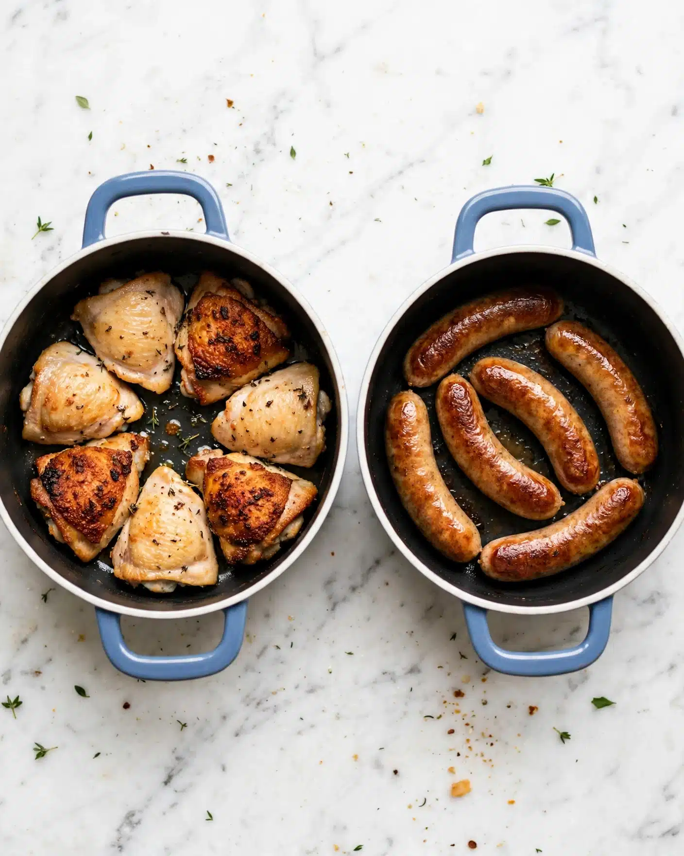 Chicken Scarpariello | Braised Chicken with Sausage and Peppers Recipe 3 The image shows two white pots with blue handles on a white marbled surface. The left pot has six pieces of cooked chicken thighs, with three pieces golden brown and three lighter in color, arranged in a circular pattern. The right pot contains five sausages with different browns and golden colors, slightly shiny with a cooked texture, spread evenly across the bottom. Both pots have a matte inside and a smooth finish outside. Photo taken with an iphone --ar 4:5 --v 7