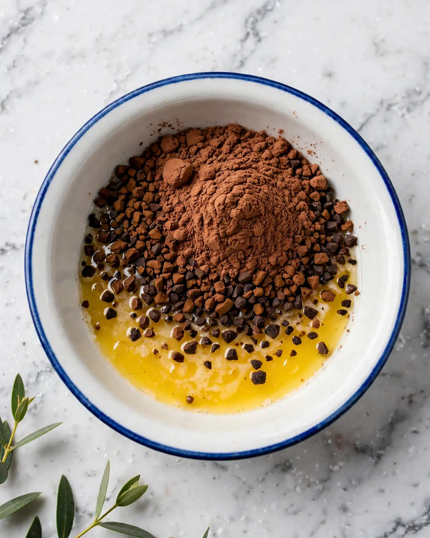 Deluxe Dairy-Free Hot Chocolate Recipe 4 A white bowl with a blue rim sits on a white marbled surface, filled with layers of ingredients: the bottom layer is melted golden butter, topped with dark brown coffee granules scattered unevenly, and finished with a loose layer of rich brown cocoa powder piled in the center. A few green leaves are visible in the corner of the image. Photo taken with an iphone --ar 4:5 --v 7