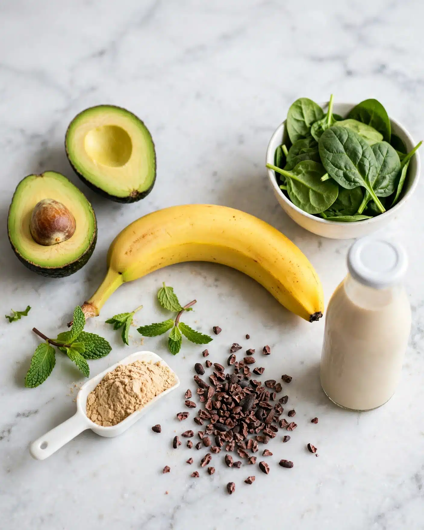 The image shows several fresh ingredients placed on a white marbled surface. There is a whole yellow banana positioned horizontally near the center. To the left of the banana, a ripe avocado is sliced in half, revealing its green inside and a brown seed in the left half. Below the banana and avocado, a small white scoop filled with a light brown powder sits next to a scattered pile of small, dark brown cacao nibs. To the right of the banana, a white bowl filled with fresh green spinach leaves is slightly angled. Above the powder and nibs, there are fresh green mint leaves resting on the surface. Lastly, a white bottle filled with a light beige liquid is placed on the far right. Photo taken with an iphone --ar 4:5 --v 7