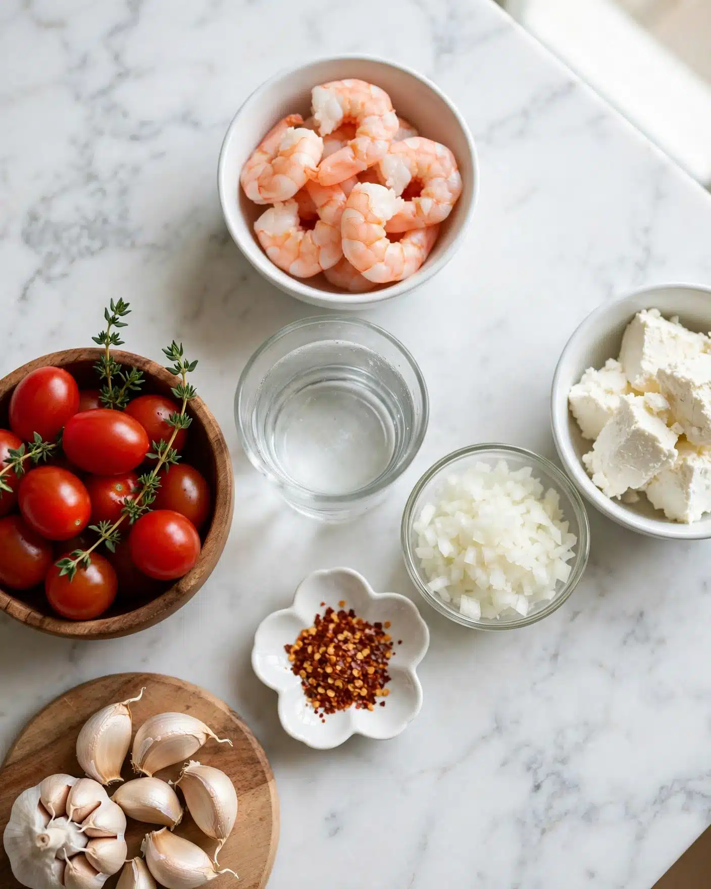 Squid Ink Pasta with Shrimp and Cherry Tomato Basil Sauce Recipe 4 The image shows several small white bowls and one small wooden bowl placed on a white marbled surface. In the top center, a white bowl holds several peeled pink shrimp with a smooth texture. Below to the left, a wooden bowl is filled with shiny red grape tomatoes and some green sprigs of thyme. To the right, a small white bowl contains large chunks of soft white cheese. Near the center, a clear glass with a transparent liquid sits next to another small transparent bowl filled with finely chopped white onions. At the bottom left, a round wooden board holds whole garlic cloves still in their papery skins. A small flower-shaped white dish near the center contains crushed red pepper flakes. The overall arrangement is clean and simple, and the colors are fresh and natural. photo taken with an iphone --ar 4:5 --v 7