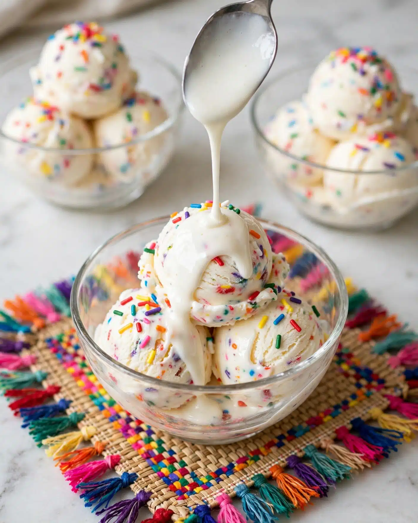 Cake Batter Ice Cream with White Chocolate Magic Shell Topping Recipe 5 The image shows a glass bowl filled with three scoops of white ice cream with colorful rainbow sprinkles mixed in. Above the top scoop, white sauce is being poured from a spoon, creating a small stream that coats the ice cream. The bowl is placed on a woven mat with bright, multicolored fringe on a white marbled surface. In the background, there are two more similar glass bowls filled with the same sprinkled ice cream. Photo taken with an iphone --ar 4:5 --v 7