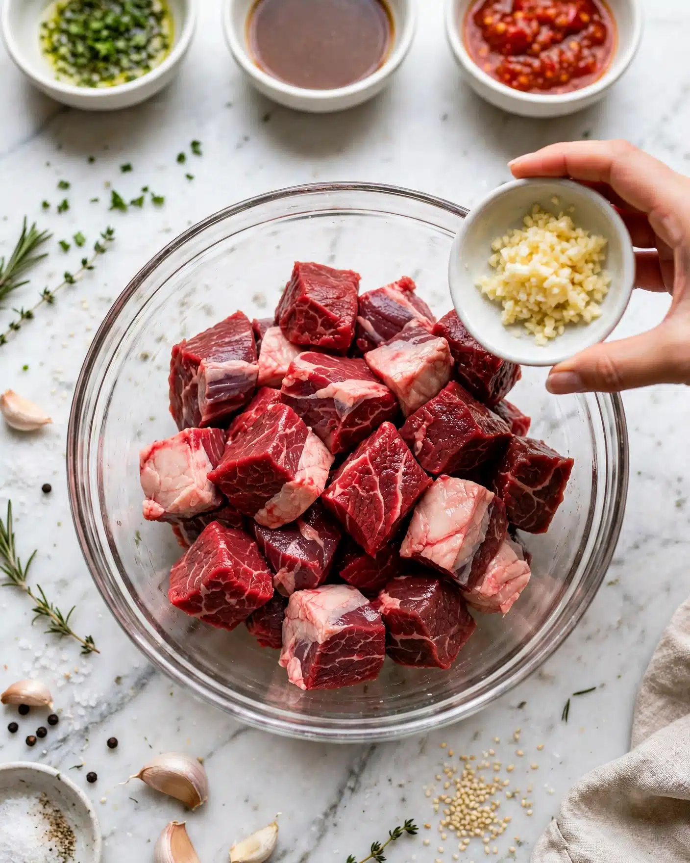 A clear glass bowl is filled with many pieces of raw red meat showing a mix of light and dark red colors with some white fat parts on top. The bowl sits on a table with a white marbled texture. Around the bowl, there are small containers with other ingredients slightly visible. A woman's hand is holding a small white bowl filled with minced garlic near the meat bowl, ready to add it to the mix. Photo taken with an iphone --ar 4:5 --v 7