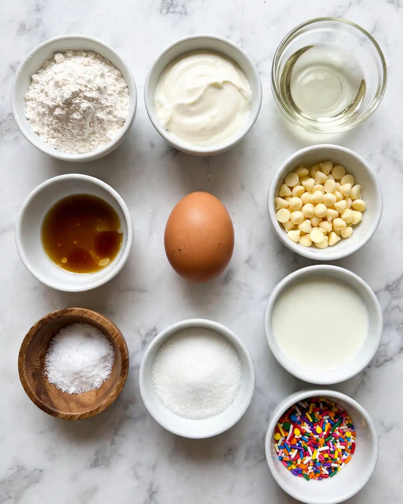 Cake Batter Ice Cream with White Chocolate Magic Shell Topping Recipe 4 The image shows nine small white bowls and one egg arranged on a white marbled surface. The bowls contain different ingredients: one has white flour with a powdery texture, another filled with smooth cream, the third with translucent coconut oil, and the fourth holds light brown vanilla extract. Another bowl contains yellowish white chocolate chips, while a smaller wooden bowl has fine white salt. There is also a bowl with granulated white sugar and another with a shiny liquid, possibly milk or cream. The last bowl is filled with colorful rainbow sprinkles. The whole setup is neatly spaced in a symmetrical pattern around the egg placed near the center. Photo taken with an iphone --ar 4:5 --v 7
