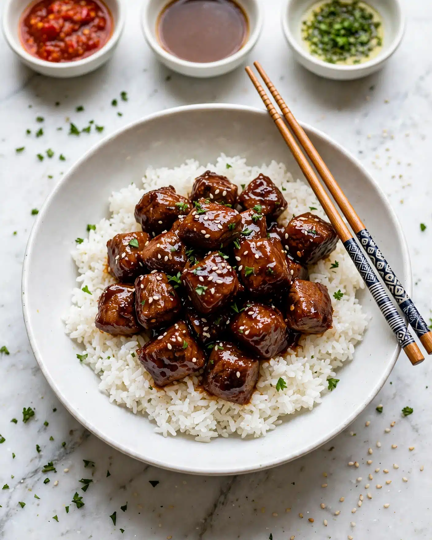 A white bowl filled with a base layer of fluffy white rice topped with dark brown, glazed beef chunks that have a shiny texture, sprinkled with small green chopped herbs and light sesame seeds. Two wooden chopsticks with dark blue and white floral designs rest on the bowl's edge. The bowl is placed on a white marbled texture surface, with three small white bowls nearby containing a red chunky sauce, a brown liquid sauce, and a green herb seasoning. Photo taken with an iphone --ar 4:5 --v 7