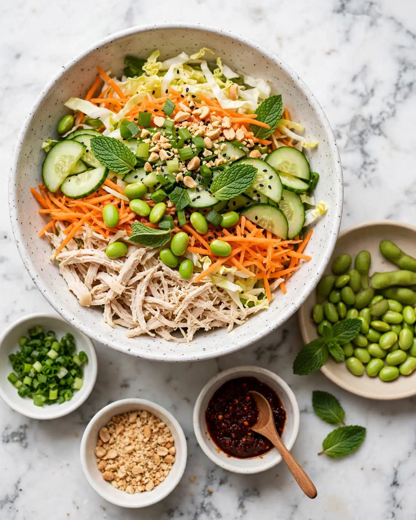 A large white speckled bowl filled with a colorful layered salad sits on a white marbled surface. The salad has several layers of shredded light beige chicken, bright orange shredded carrots, light green cucumber slices, green edamame beans, and chopped green scallions. There are also pale yellow cabbage shreds, dark green mint leaves, sprinkled crushed peanuts, and black sesame seeds on top. Around the bowl, small white bowls hold chopped green scallions, peanuts, and a dark red chili paste with a small wooden spoon. A beige dish on the side holds more green edamame beans, with a few fresh mint leaves placed casually nearby. photo taken with an iphone --ar 4:5 --v 7
