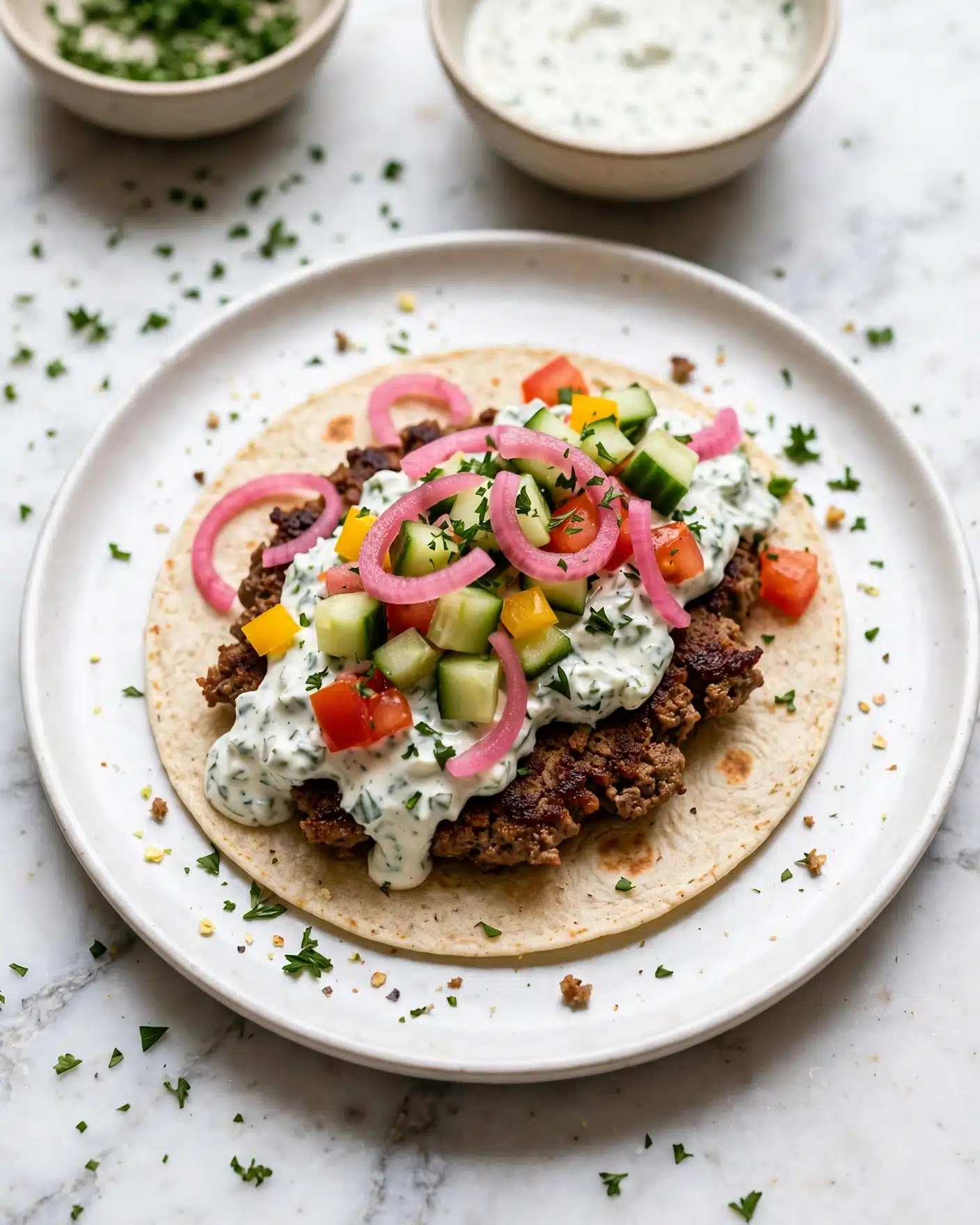 A close-up view of a taco on a white plate with a white marbled texture surface. The taco has three visible layers: the bottom layer is a light brown soft tortilla, the middle layer is a thin, seasoned brown meat patty, and the top layers include white creamy sauce with green herbs, diced green cucumbers, small red tomatoes, yellow pepper pieces, and bright pink pickled onions scattered on top. Some chopped green parsley is sprinkled over the taco and around the plate. In the background, there are small beige bowls with green herbs and white sauce. photo taken with an iphone --ar 4:5 --v 7