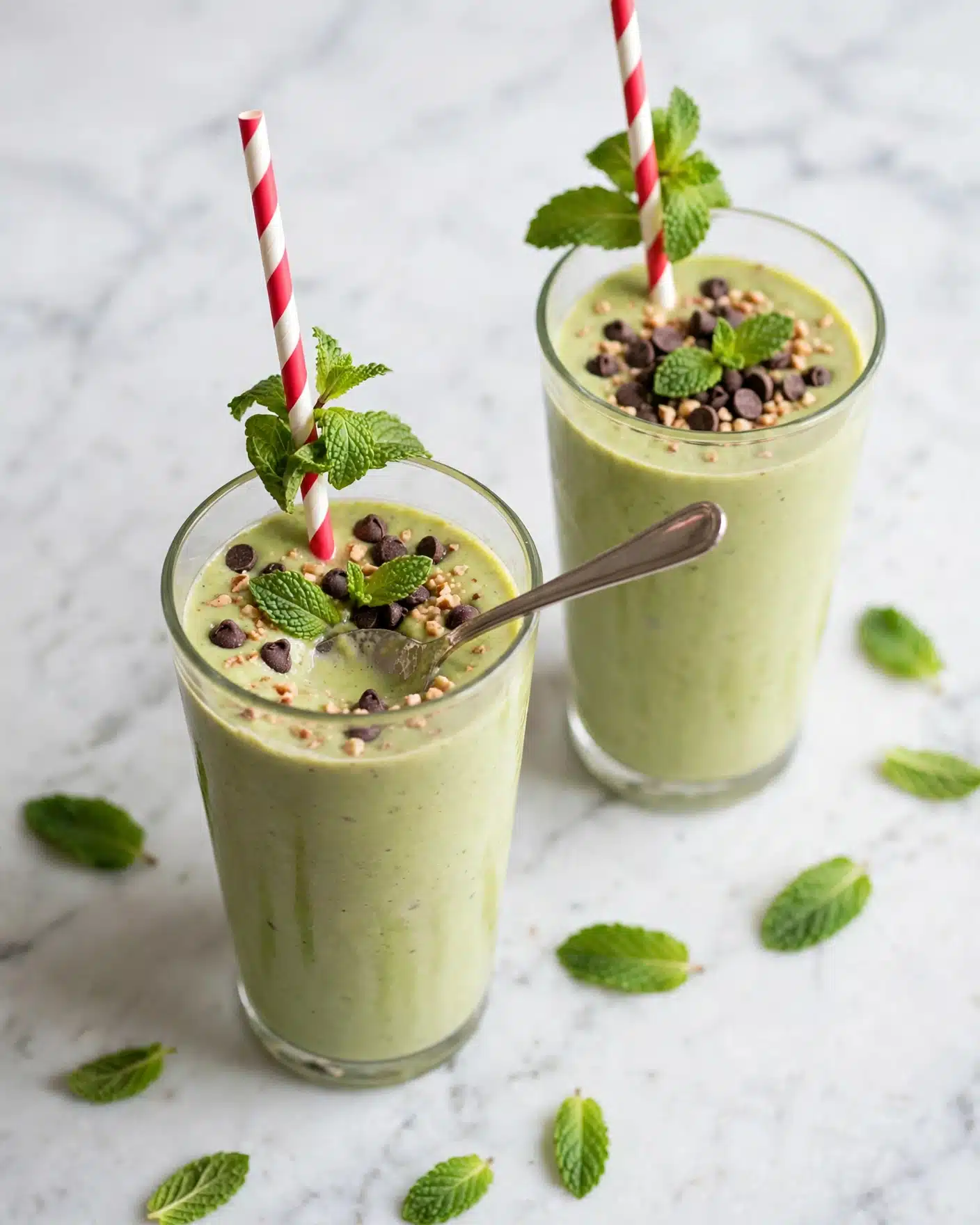 Two tall clear glasses are filled with a light green smoothie with a thick, creamy texture. The smoothie is topped with dark brown chocolate chips, light brown chopped nuts, and small green leaves on top. A red and white striped straw stands upright in each glass with fresh green mint leaves wrapped around the straw near the top. A silver spoon is resting inside the front glass, partially submerged in the smoothie. The glasses are placed on a white marbled surface with scattered green leaves around them. photo taken with an iphone --ar 4:5 --v 7