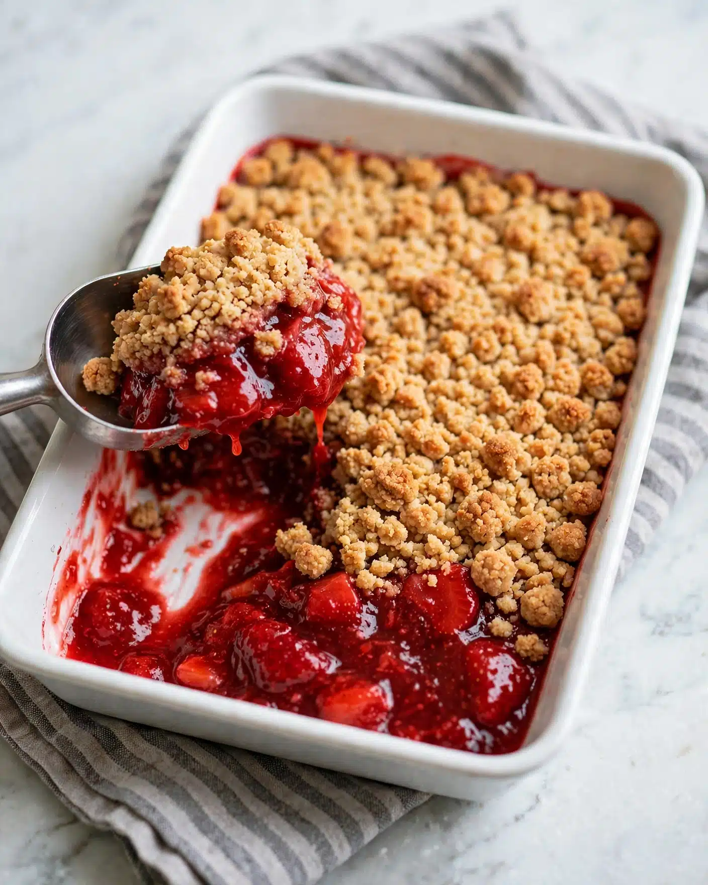 Peanut Butter and Jelly Cobbler Recipe 5 A white rectangular baking dish holds a two-layer fruit crumble. The bottom layer is a deep red, glossy fruit filling with visible whole fruit pieces, rich and juicy. The top layer is a golden brown, crumbly crust, slightly uneven with a rough texture. A metal scoop is lifting a portion from the dish, showing a thick mix of both the red fruit filling below and the crumbly crust above. The dish is placed on a white marbled surface with a grey striped cloth underneath. Photo taken with an iphone --ar 4:5 --v 7