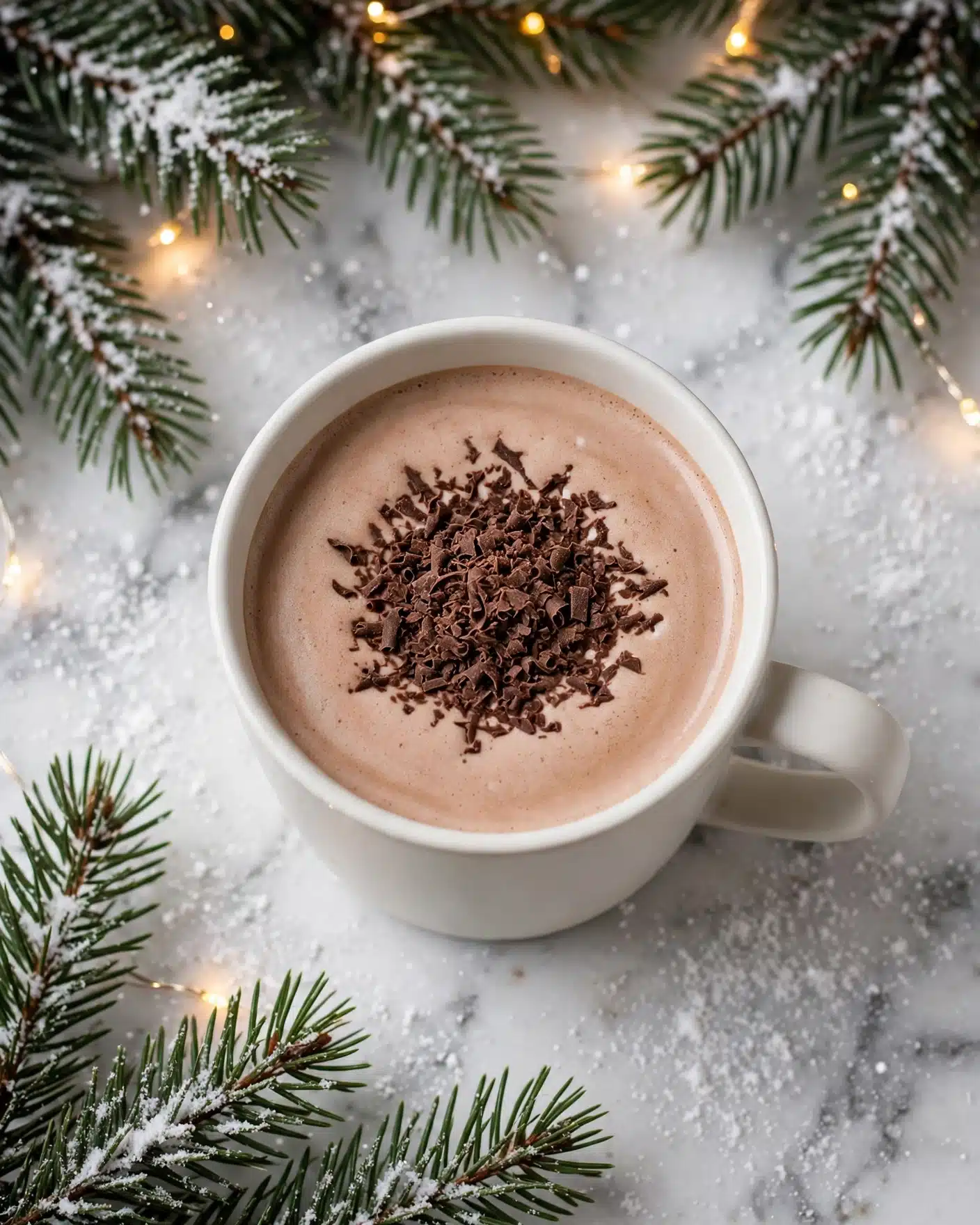 Deluxe Dairy-Free Hot Chocolate Recipe 5 A white ceramic mug filled with a creamy, light brown hot chocolate drink topped with a layer of dark brown chocolate shavings in the center, creating a textured contrast against the smooth, frothy surface. The mug is placed on a white marbled surface with green pine branches in the background, dusted lightly with white to resemble snow, adding a festive, cozy atmosphere. Small warm fairy lights are subtly visible, enhancing the warm and inviting mood of the scene photo taken with an iphone --ar 4:5 --v 7