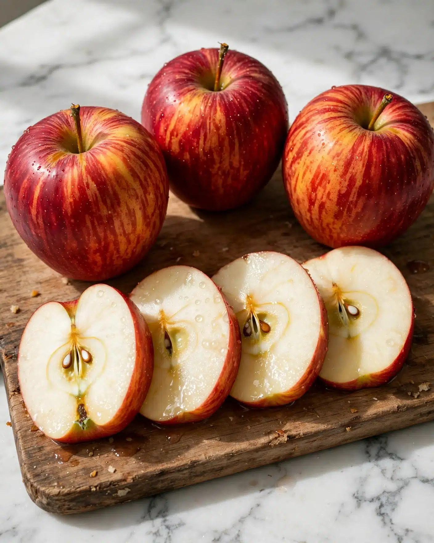 Easy Homemade Apple Cider Recipe 4 Several whole red apples with yellow and orange streaks are placed on a wooden cutting board. In front of them are apple pieces layered in one row, each showing the creamy white flesh and seeds inside. The apples and pieces glisten slightly with juice. The board rests on a white marbled surface with soft light casting gentle shadows around. Photo taken with an iphone --ar 4:5 --v 7