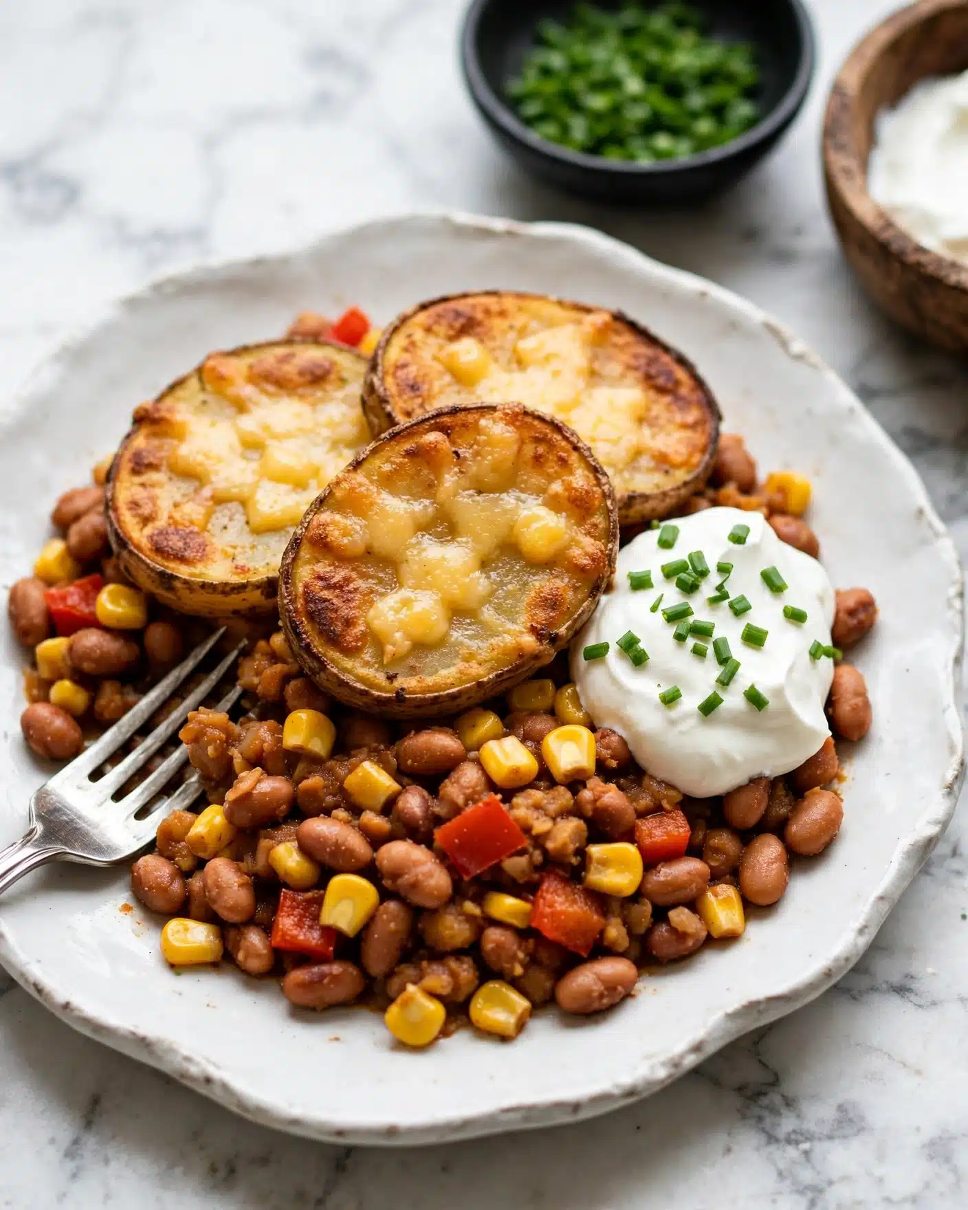 A close-up of a white plate filled with a layered dish starting with a base of cooked ground meat mixed with beans and small pieces of red and yellow vegetables, topped with slices of browned potatoes arranged on one side, melted cheese drizzled over the top, and a large dollop of white sour cream on the center, sprinkled with small green chive pieces, all placed on a white marbled surface with a silver fork resting beside the food. photo taken with an iphone --ar 4:5 --v 7