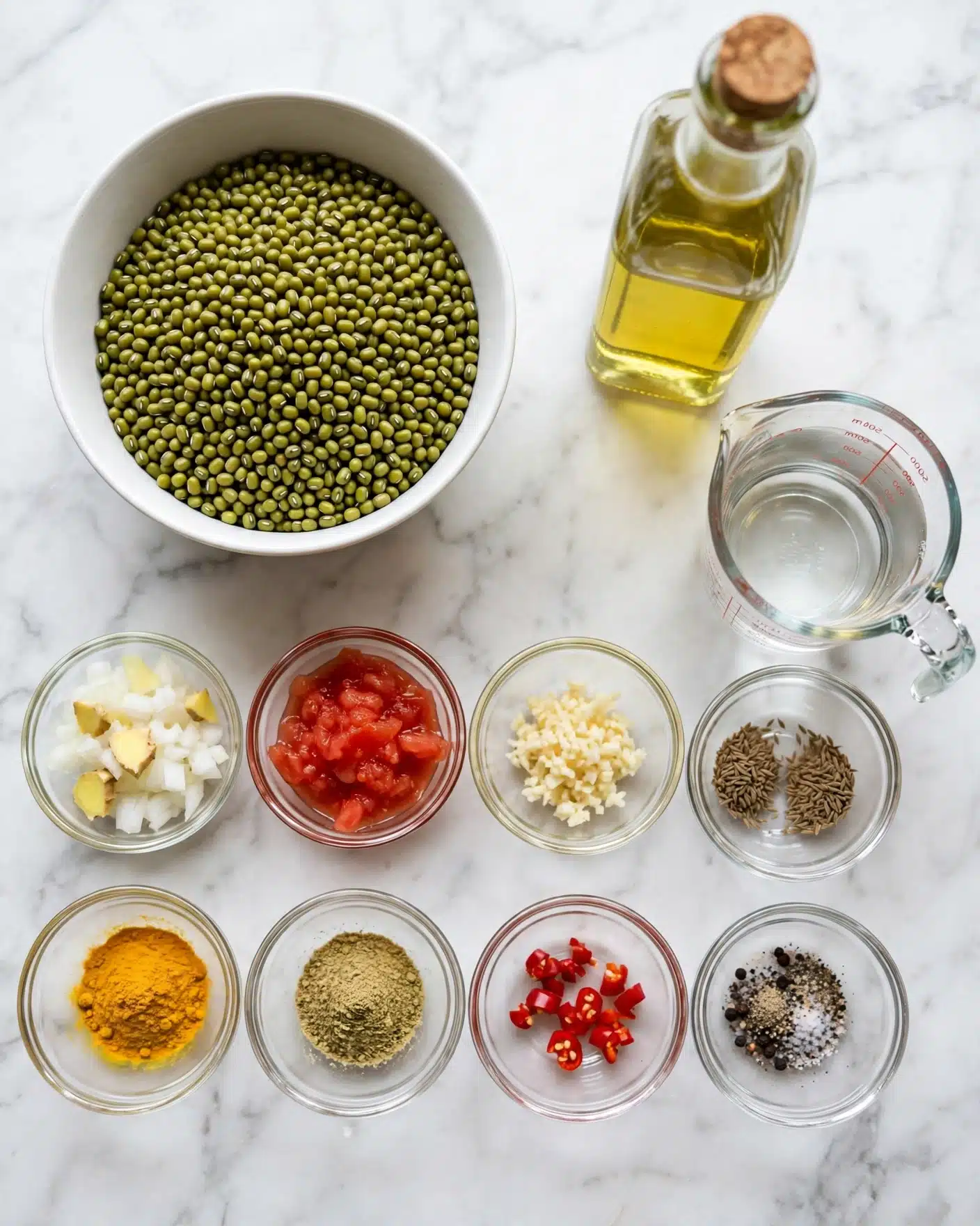 Creamy Mung Bean Dhal with Spicy Chunkay Recipe 4 A white bowl on the top left filled with green mung beans sits on a white marbled surface. Next to it on the right is a clear glass bottle of light yellow oil. Below the bowl, in two rows across the image, are small clear glass bowls with chopped white onion and ginger, bright red crushed tomatoes, minced garlic, two small piles of cumin seeds, yellow turmeric powder, a pile of ground coriander, small pieces of chopped red chili, and a bowl of mixed black pepper and salt. On the right side near the center is a clear glass measuring cup filled with water. photo taken with an iphone --ar 4:5 --v 7