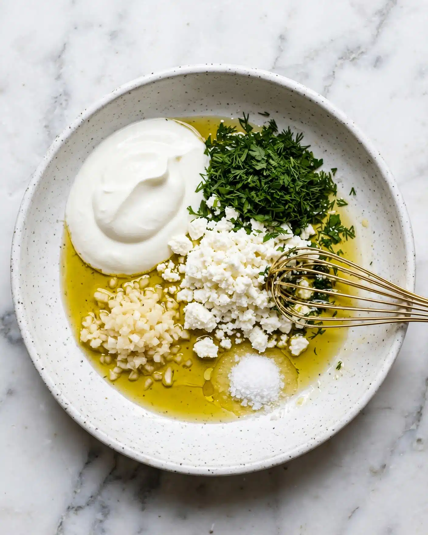 A white speckled bowl sits on a white marbled surface, filled with several unblended layers of ingredients for a sauce or dip. The bottom layer is a pool of golden olive oil that surrounds mounds of different textures: a large dollop of smooth white yogurt or sour cream, a section of finely chopped fresh green herbs, a pile of crumbly white cheese, a portion of finely minced garlic, and a small heap of white granulated salt. A gold whisk rests on the right side of the bowl, partially dipped into the mixture. photo taken with an iphone --ar 4:5 --v 7