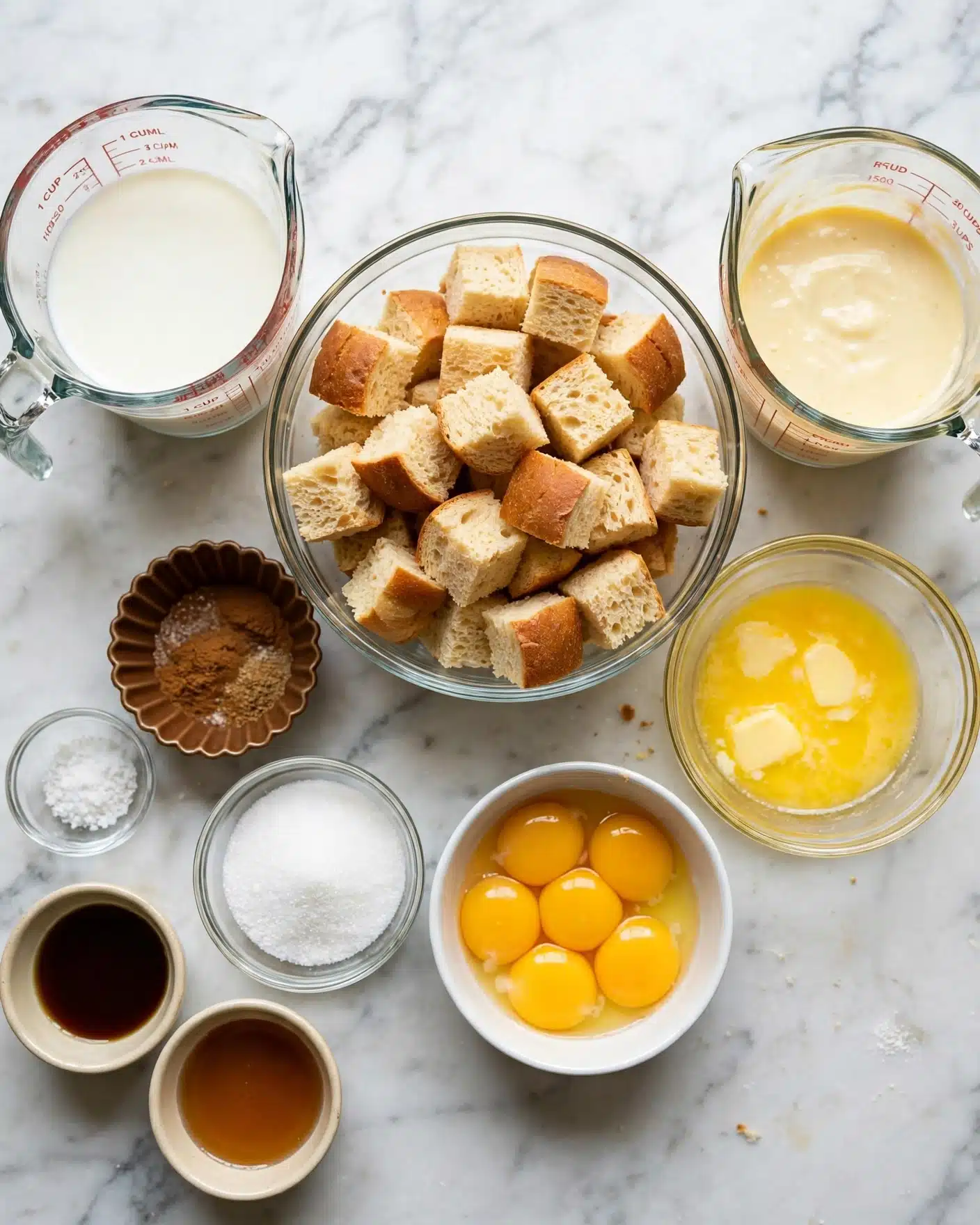 A top-down view of baking ingredients arranged on a white marbled surface, centered around a clear glass bowl filled with light tan cubed bread, surrounded by a clear measuring cup of white milk on the left, a clear measuring cup with pale yellow creamy mixture on the right, and a clear round bowl holding bright yellow melted butter below and to the right. Below the bread bowl, a white bowl with five raw yellow egg yolks is visible, next to a small round bowl of white granulated sugar, a small fluted bowl with brown spices, a tiny round bowl of coarse salt, and two small cream-colored bowls holding dark vanilla and light amber syrup near the bottom left. photo taken with an iphone --ar 4:5 --v 7