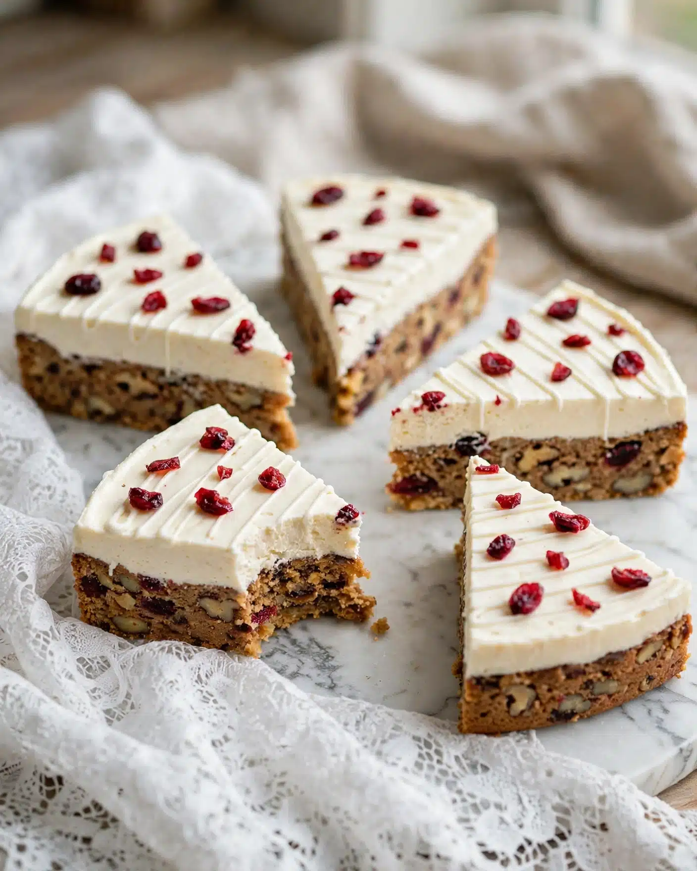 The image shows several triangular slices of dessert arranged on a white marbled surface. Each slice has two main layers: a thick, golden-brown base with visible chunks of nuts and dried fruit, and a smooth, creamy white top layer. The creamy layer is decorated with scattered red dried fruit pieces and drizzled with thin lines of white icing. One slice has a bite taken from it, highlighting the texture inside. The photo is clear and bright, showing all the details of the dessert closely and evenly. Photo taken with an iphone --ar 4:5 --v 7