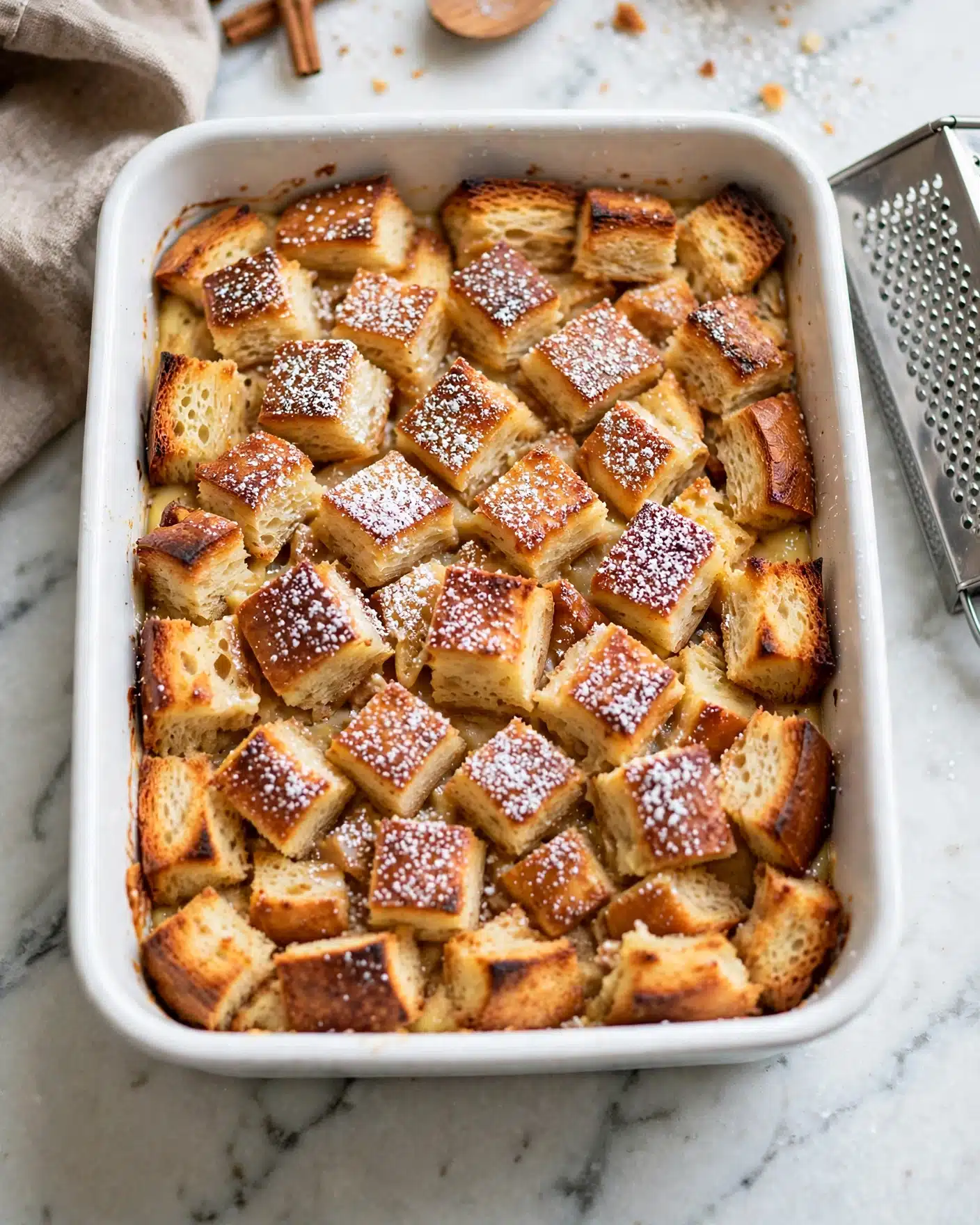 A white rectangular dish filled with a golden brown bread pudding made of cubed pieces of toasted bread layered evenly. The top layer has a crispy texture with some pieces darker from baking, and a light dusting of powdered sugar adds a soft white contrast on top. The dish is placed on a white marbled surface with a metal grater and other kitchen items partially visible around it. Photo taken with an iphone --ar 4:5 --v 7