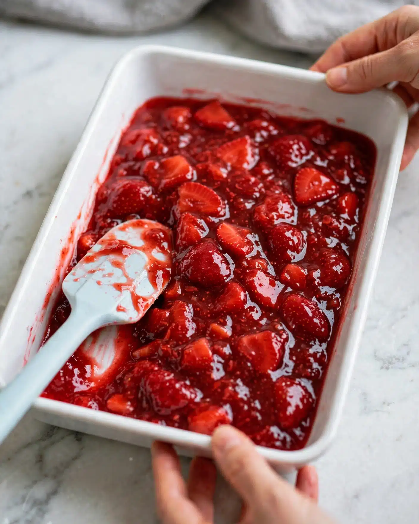 Peanut Butter and Jelly Cobbler Recipe 4 A rectangular white dish sits on a white marbled surface, filled with a bright red, glossy fruit mixture that looks thick and sticky. The mixture is spread evenly inside the dish and contains visible chunks of fruit, likely strawberries, giving texture and depth to the layer. A pale blue spatula rests inside the dish, coated with the red fruit mix, while a woman's fingers gently hold the dish from the top right and bottom center edges. The shiny surface of the fruit filling reflects light, making it look fresh and juicy. photo taken with an iphone --ar 4:5 --v 7