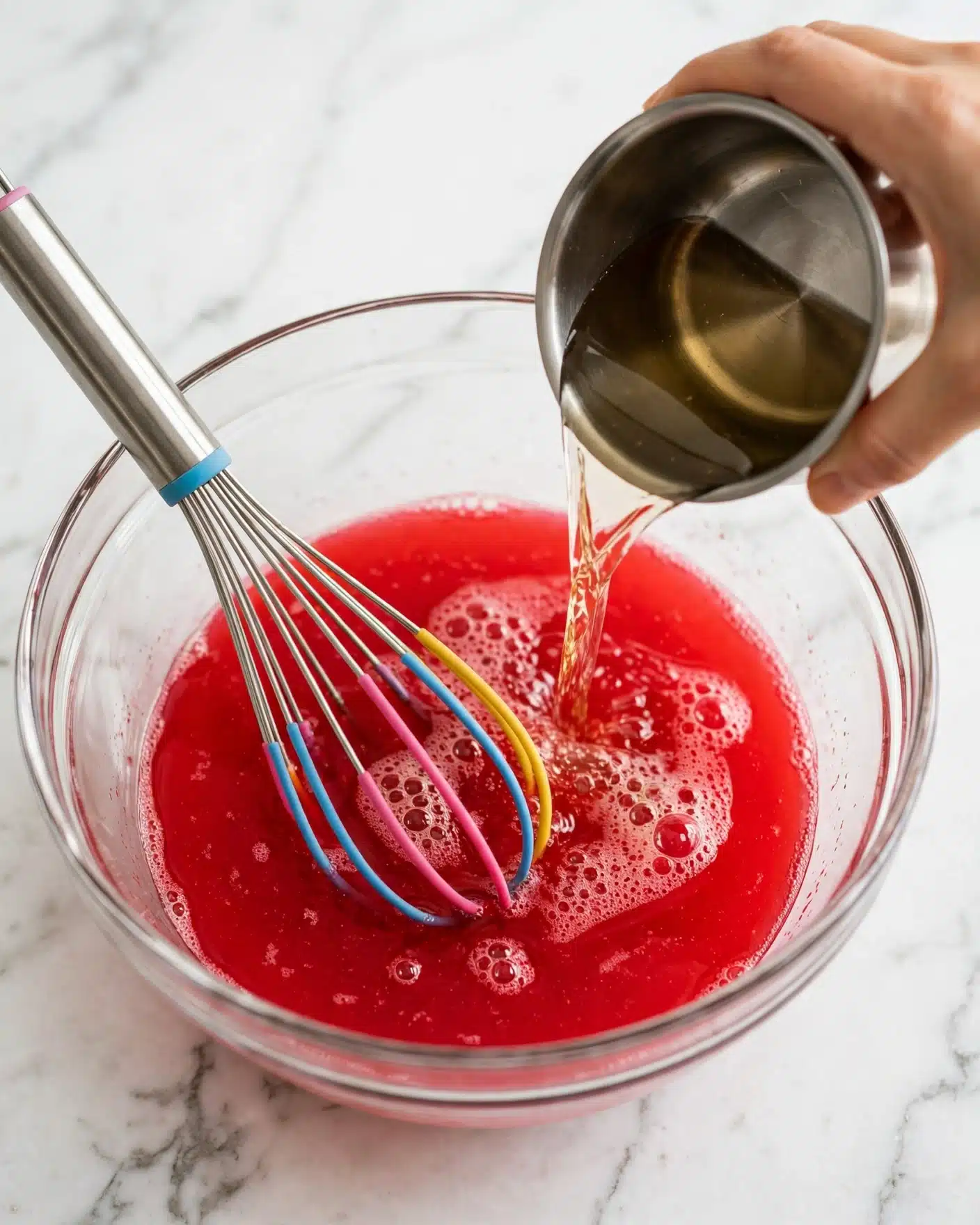 A clear glass bowl with a bright red liquid inside, being mixed by a stainless steel whisk with colorful silicone tips. A woman's hand is pouring a shiny liquid from a small metal pot into the bowl, causing bubbles to form on the surface of the red mixture. The background is a white marbled texture. photo taken with an iphone --ar 4:5 --v 7